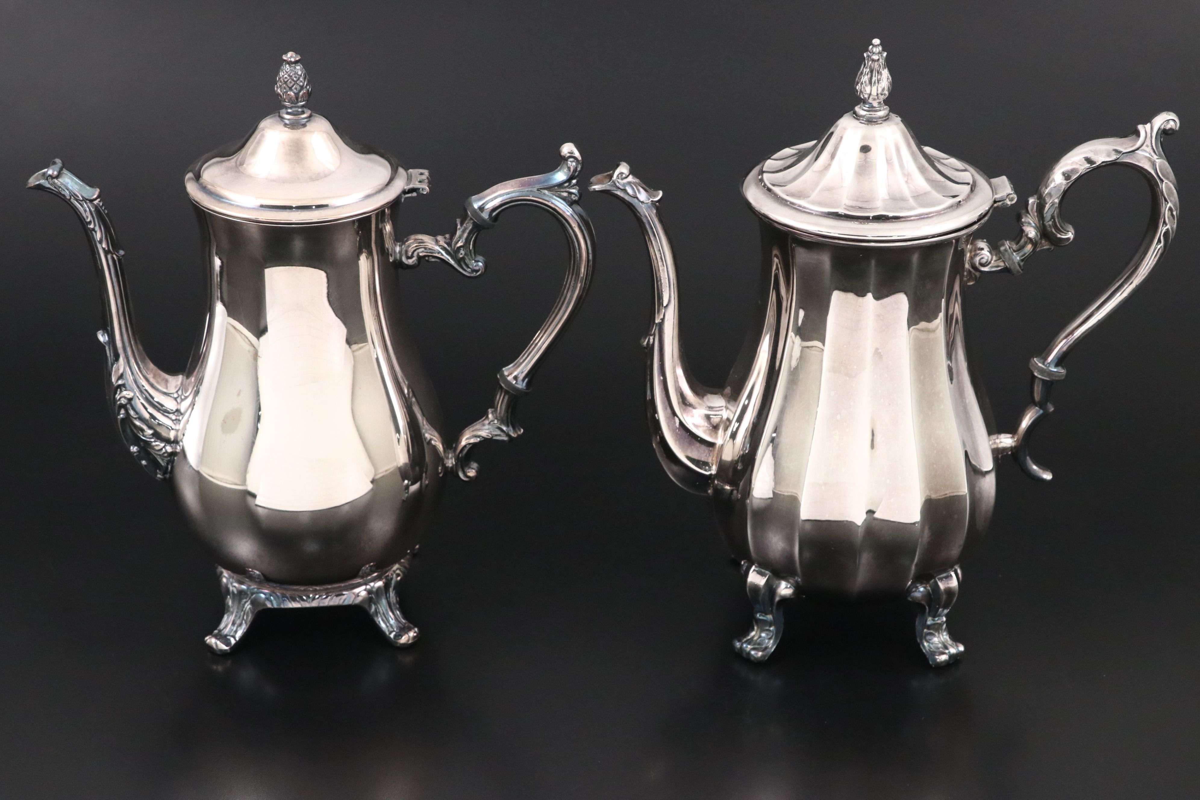 Rogers Silver Plate Serving Tray with Other Coffee and Teapots, Mid–Late 20th C.