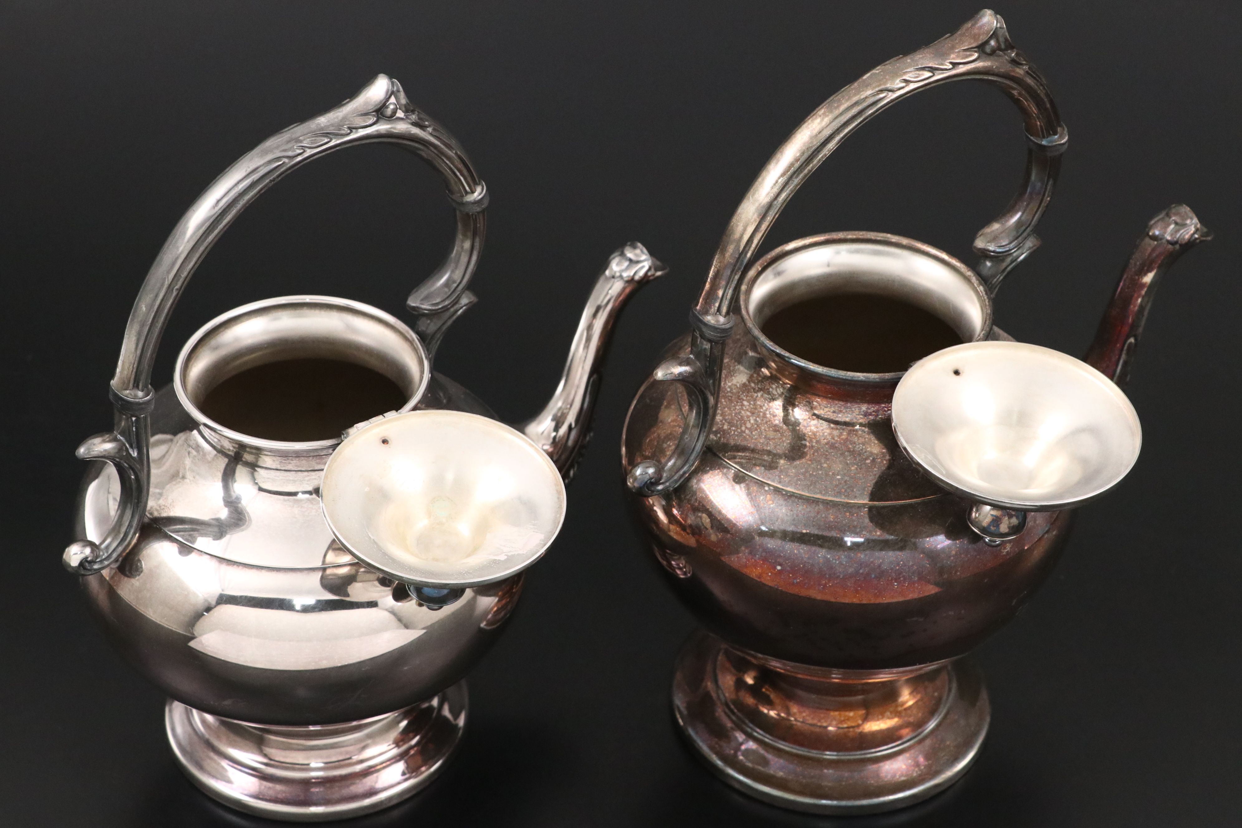 Rogers Silver Plate Serving Tray with Other Coffee and Teapots, Mid–Late 20th C.