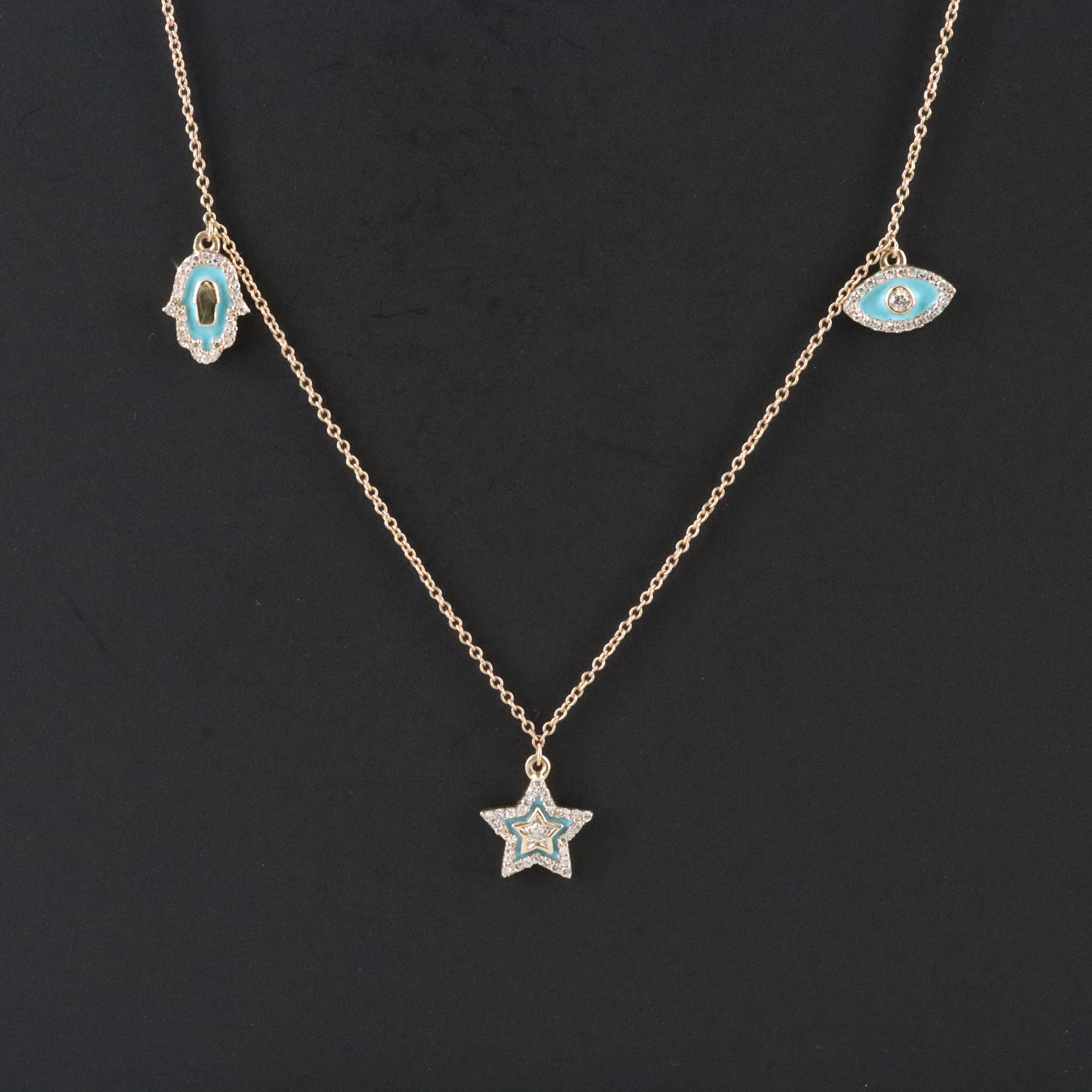 14K Diamond and Enamel Hamsa, Star and Evil Eye Necklace
