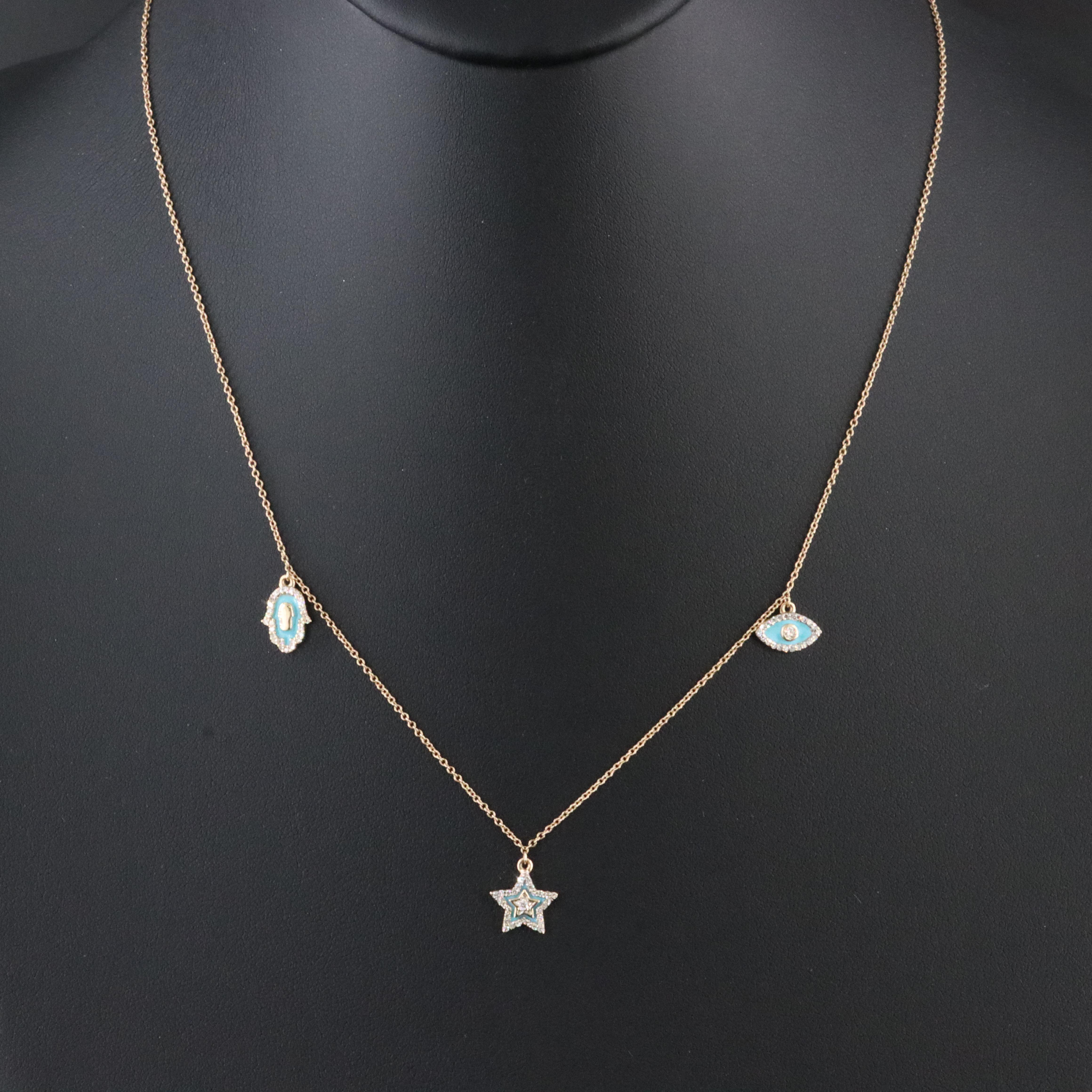 14K Diamond and Enamel Hamsa, Star and Evil Eye Necklace