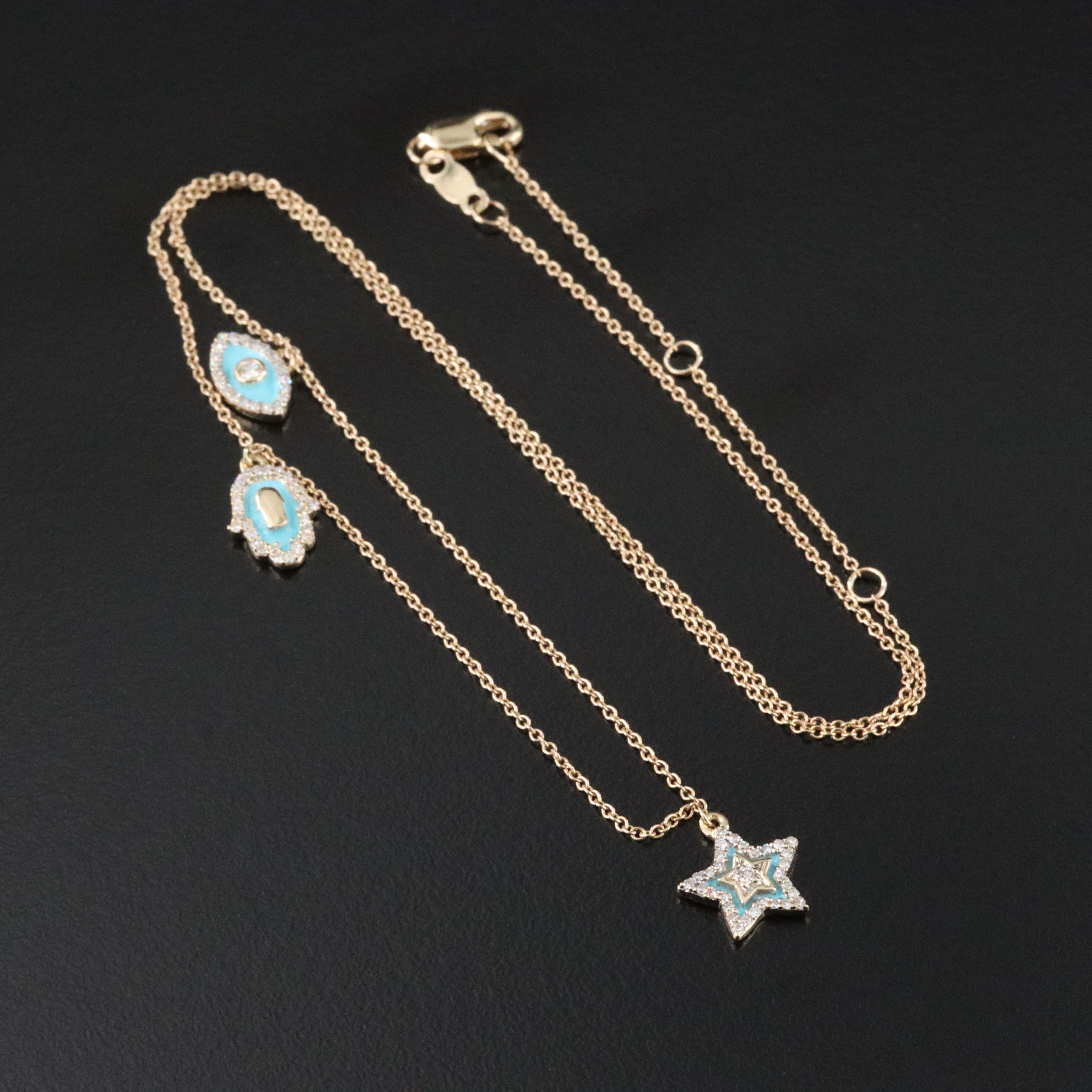 14K Diamond and Enamel Hamsa, Star and Evil Eye Necklace