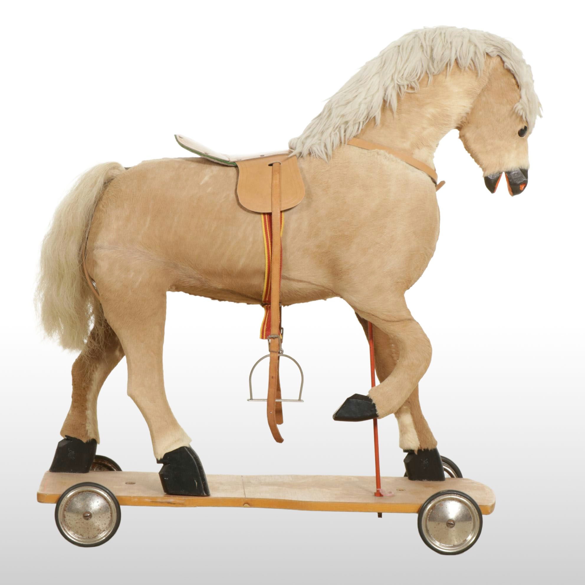 Mounted Plush Ride-On Horse on Wooden Base with Wheels