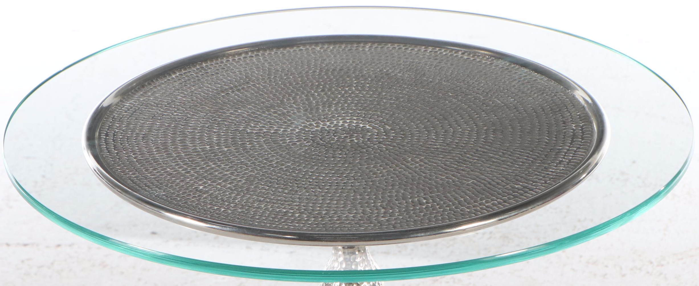 Contemporary Silver Tone Hammered Metal End Table with Glass Top