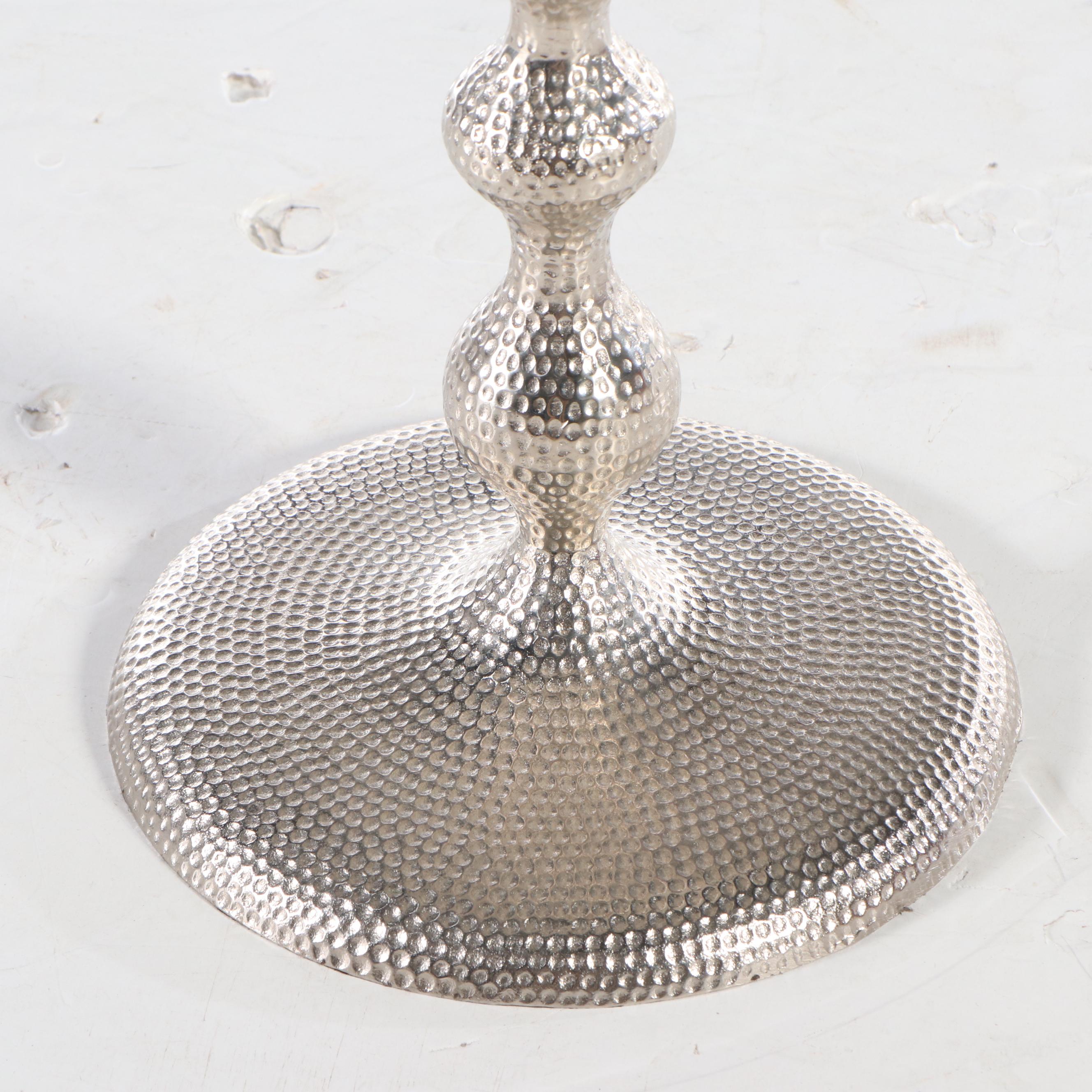 Contemporary Silver Tone Hammered Metal End Table with Glass Top