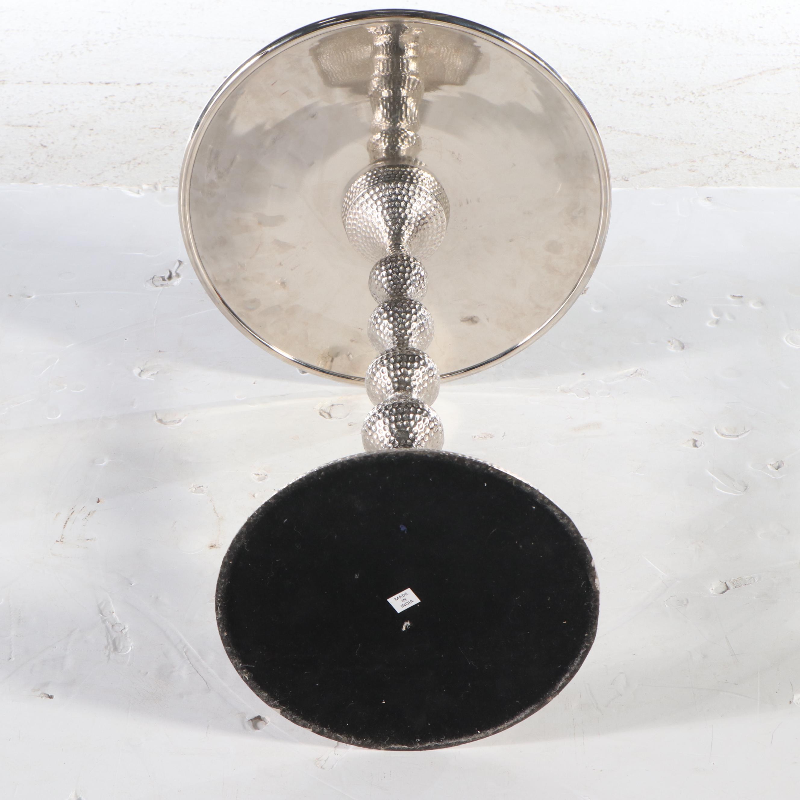 Contemporary Silver Tone Hammered Metal End Table with Glass Top