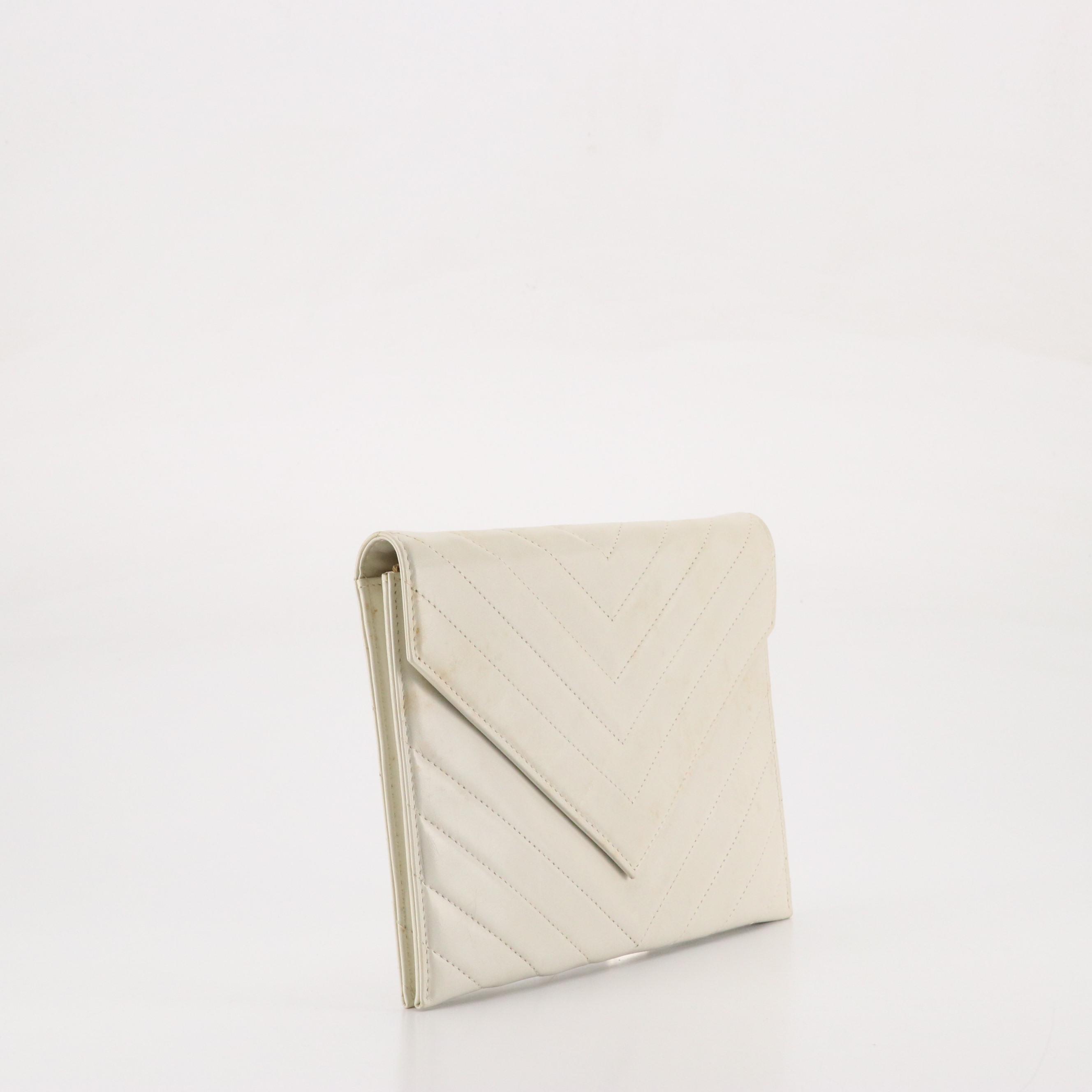 Yves Saint Laurent Envelope Clutch in Chevron Quilted White Leather with Box