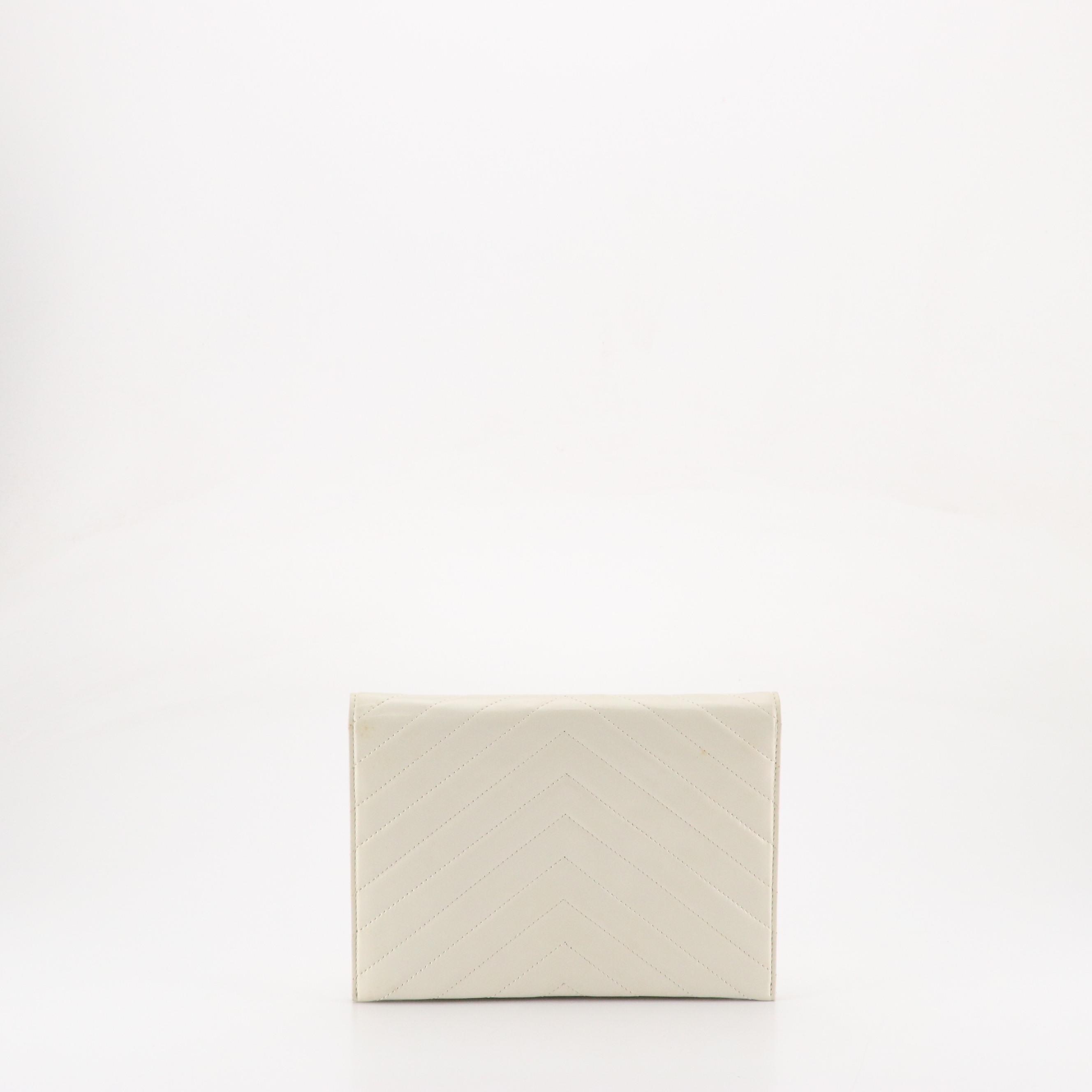 Yves Saint Laurent Envelope Clutch in Chevron Quilted White Leather with Box
