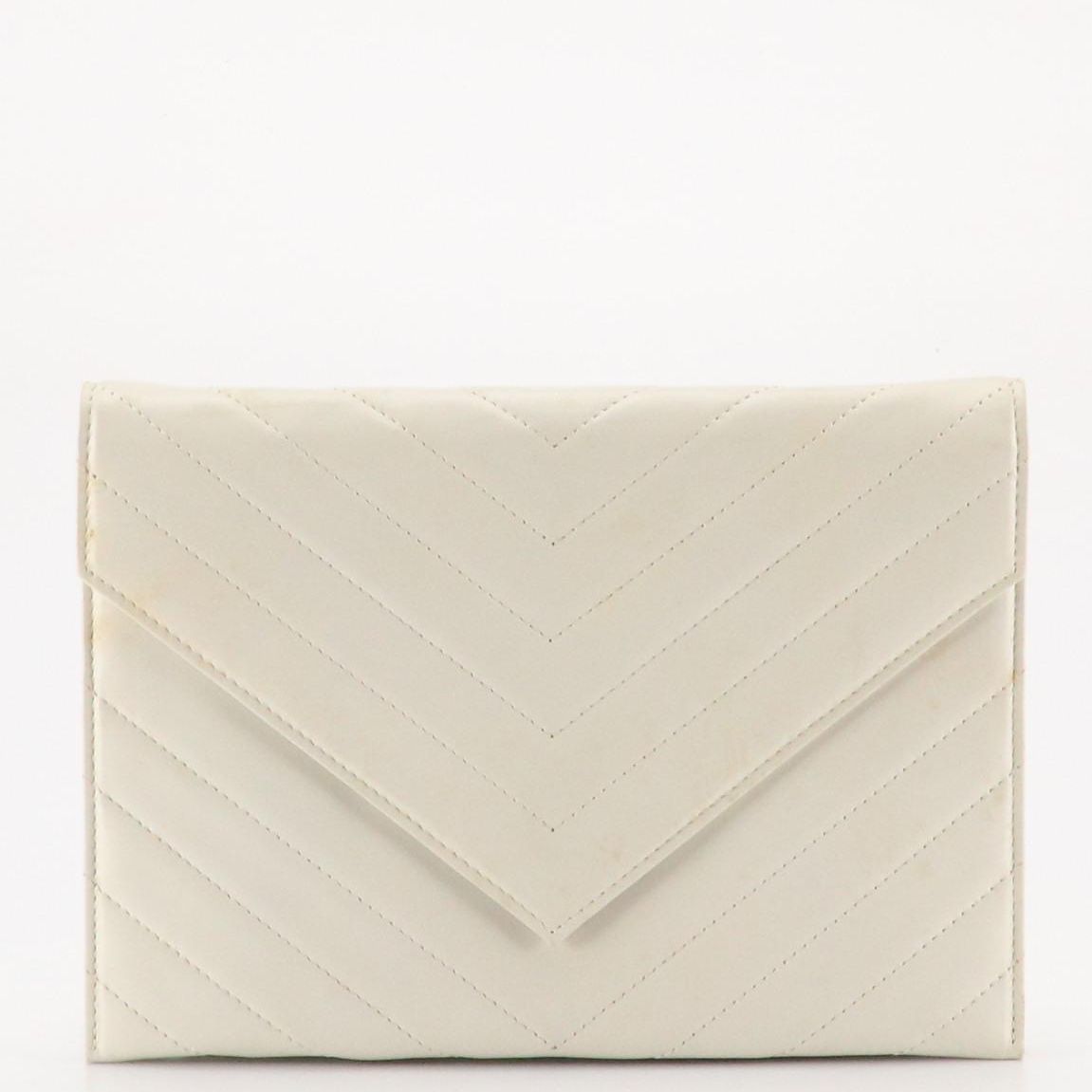 Yves Saint Laurent Envelope Clutch in Chevron Quilted White Leather with Box