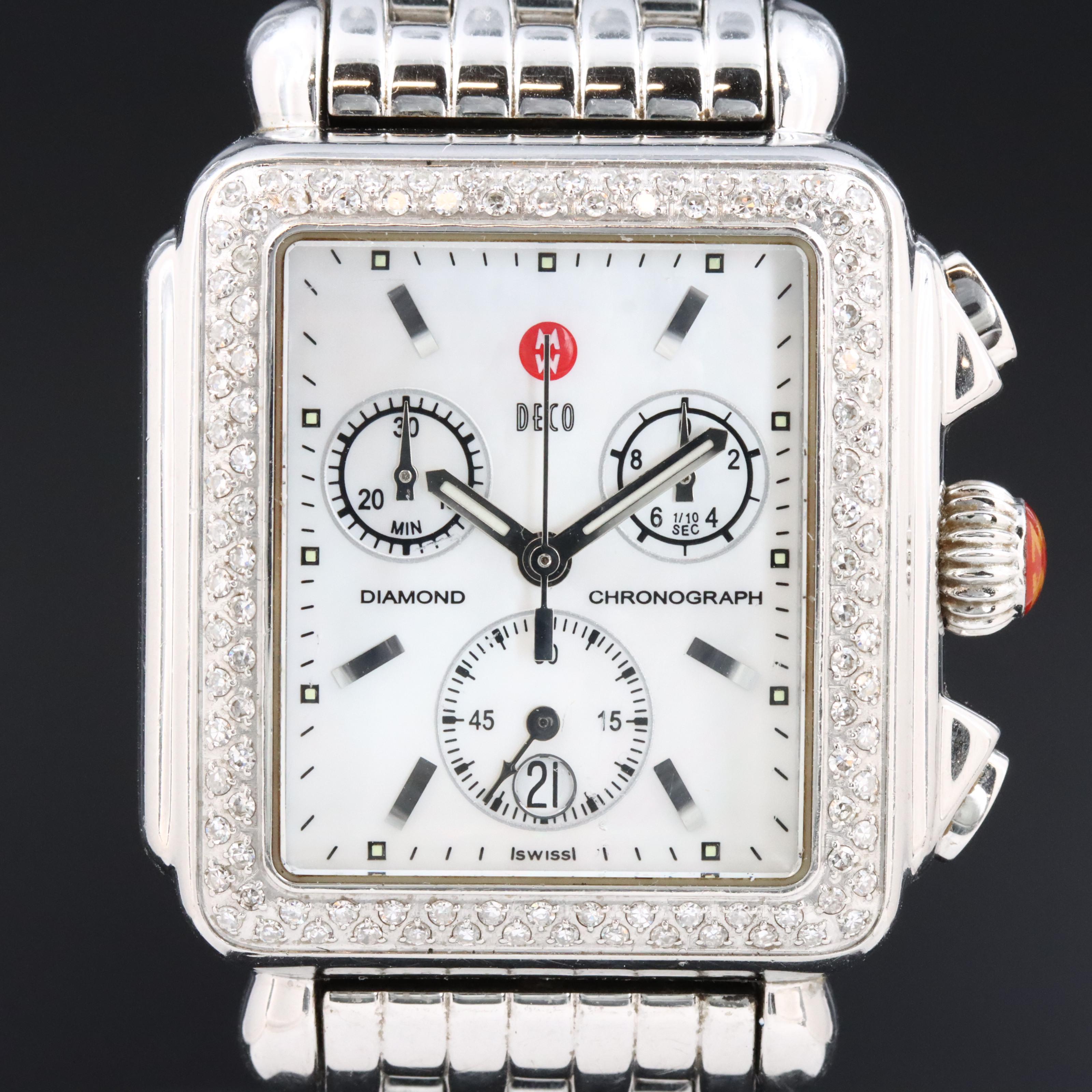 Michele Deco Diamond Chronograph Mother-of-Pearl Dial Stainless Steel Watch
