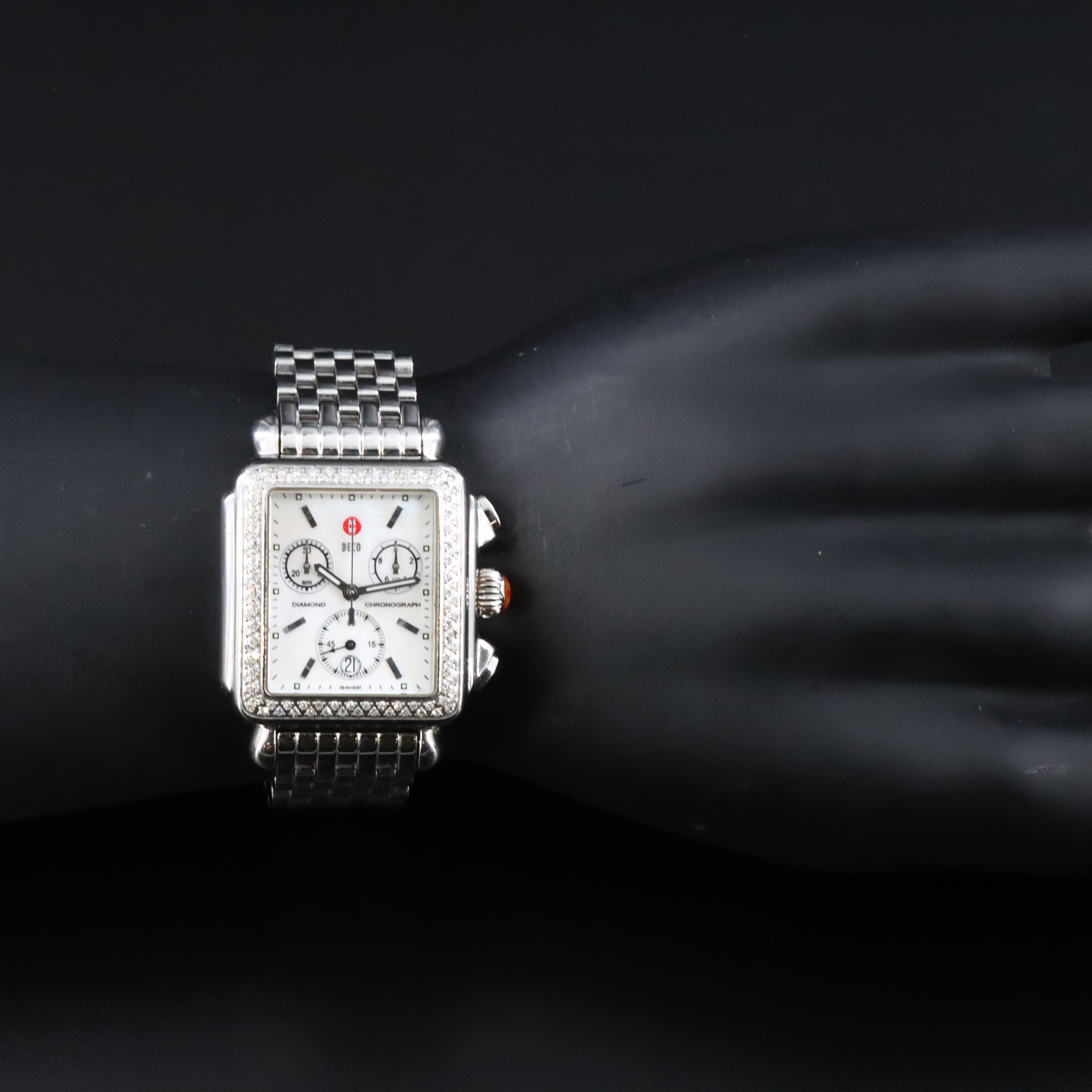 Michele Deco Diamond Chronograph Mother-of-Pearl Dial Stainless Steel Watch