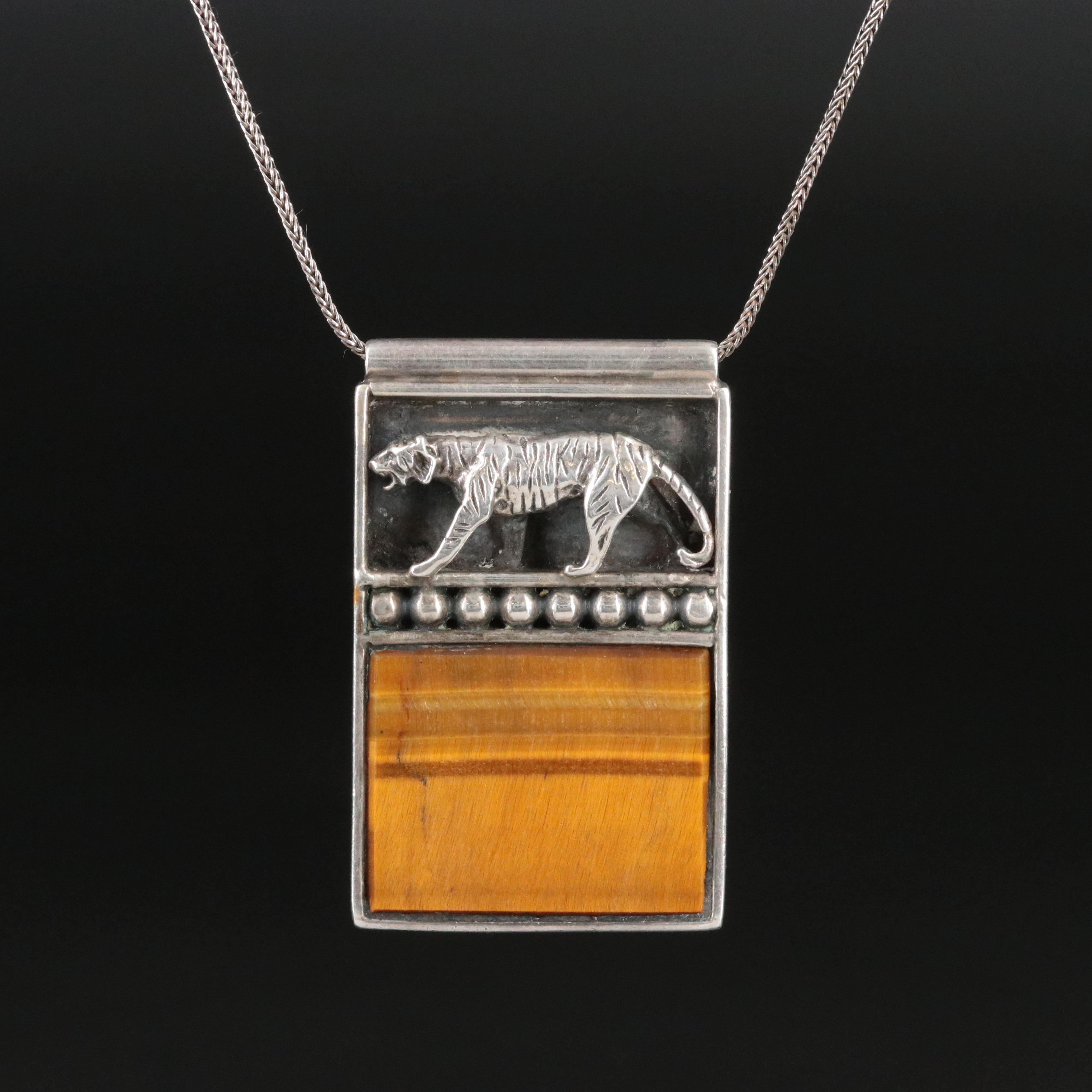 Sterling Tiger's Eye Panther Pendant Necklace