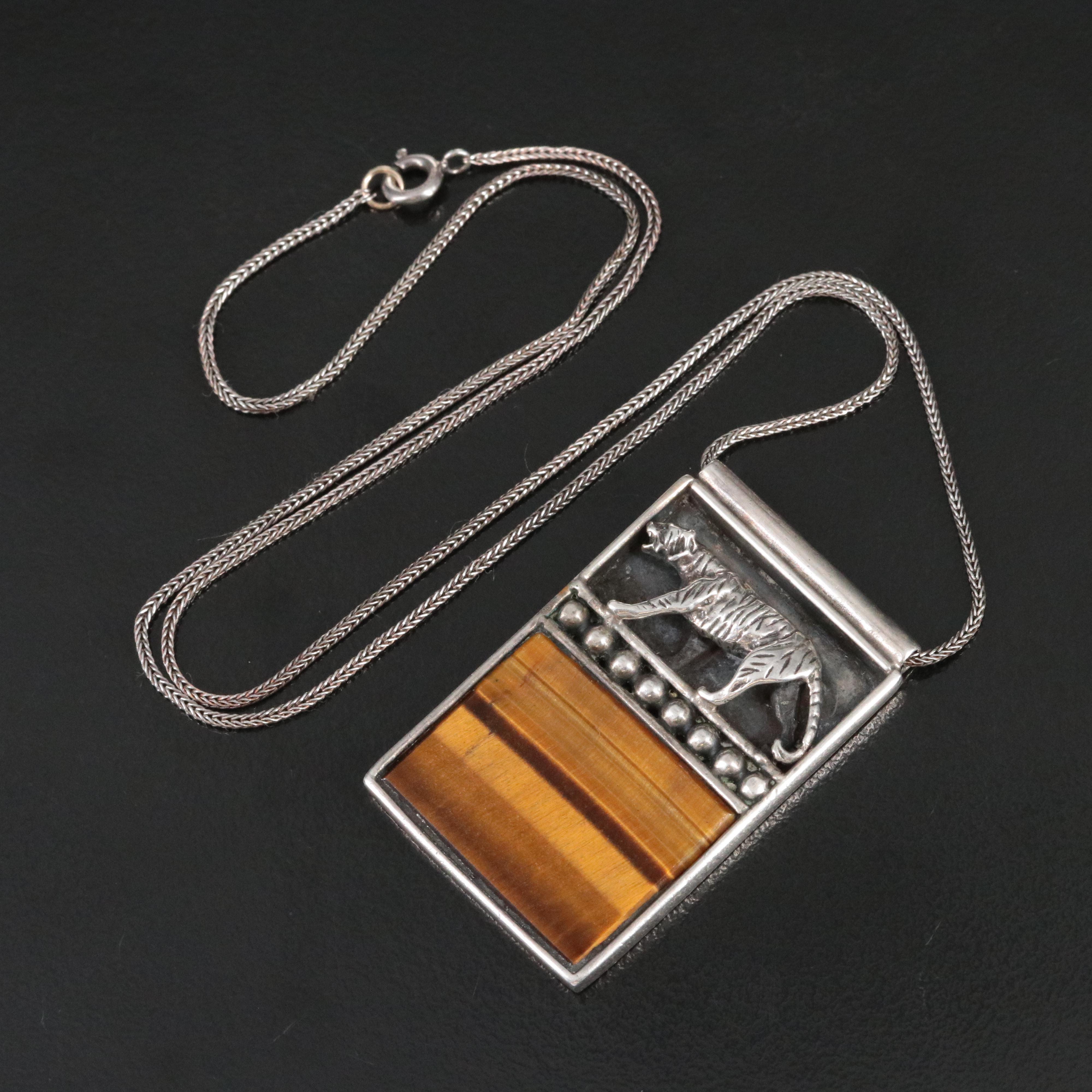 Sterling Tiger's Eye Panther Pendant Necklace