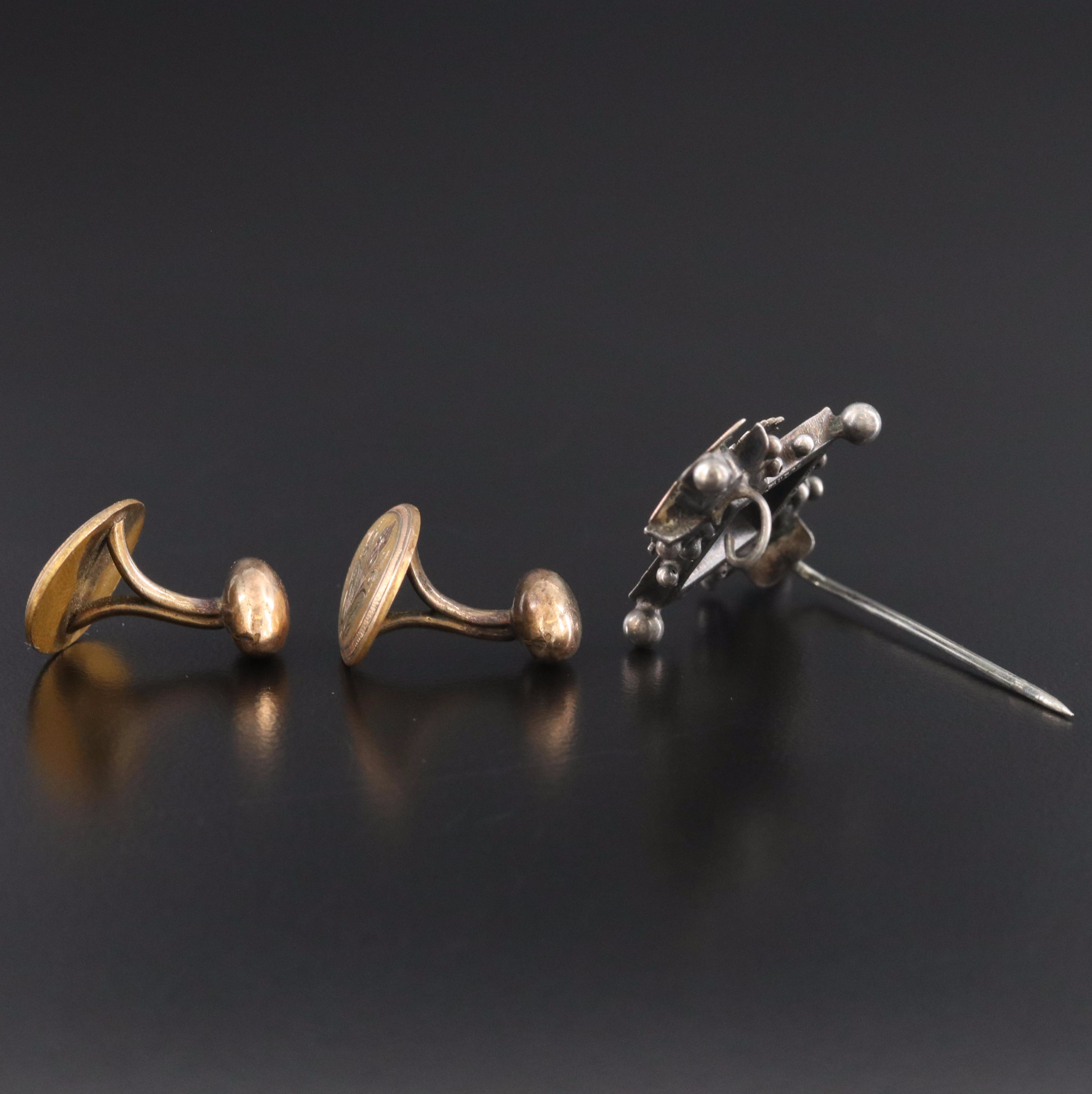 English S. Brothers Sterling Floral Brooch with Maintien Bros. Inc. Cufflinks