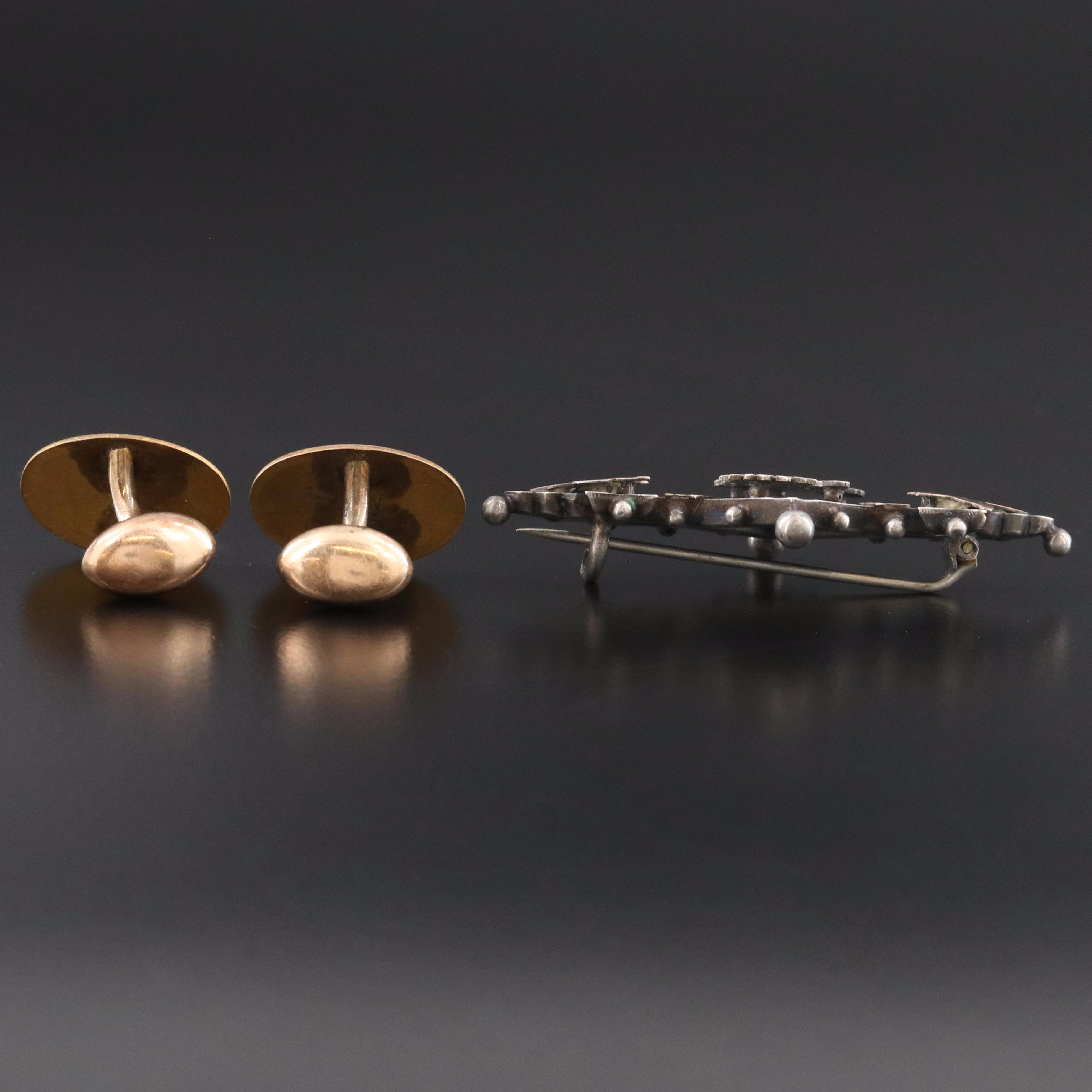 English S. Brothers Sterling Floral Brooch with Maintien Bros. Inc. Cufflinks