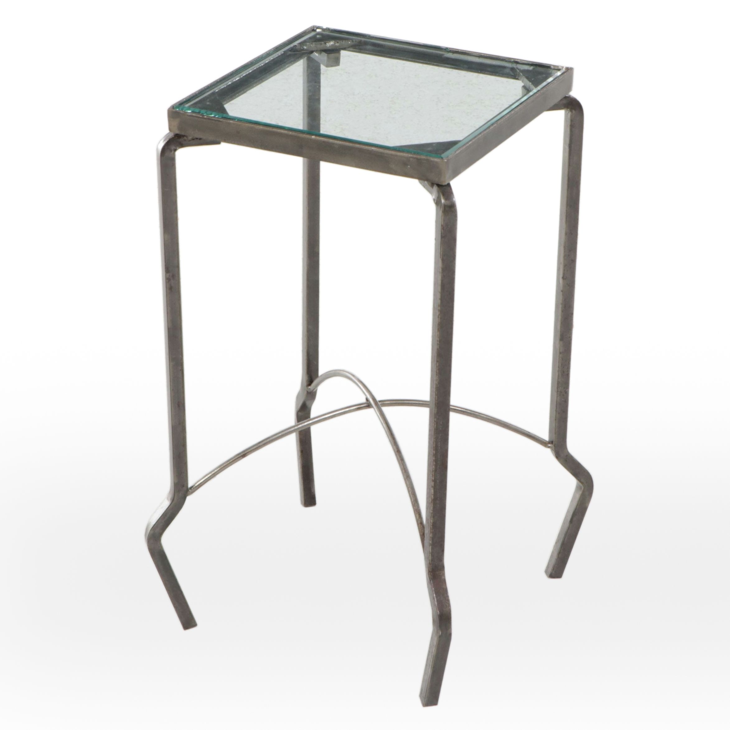 Brutalist Style Glass Top Metal End Table