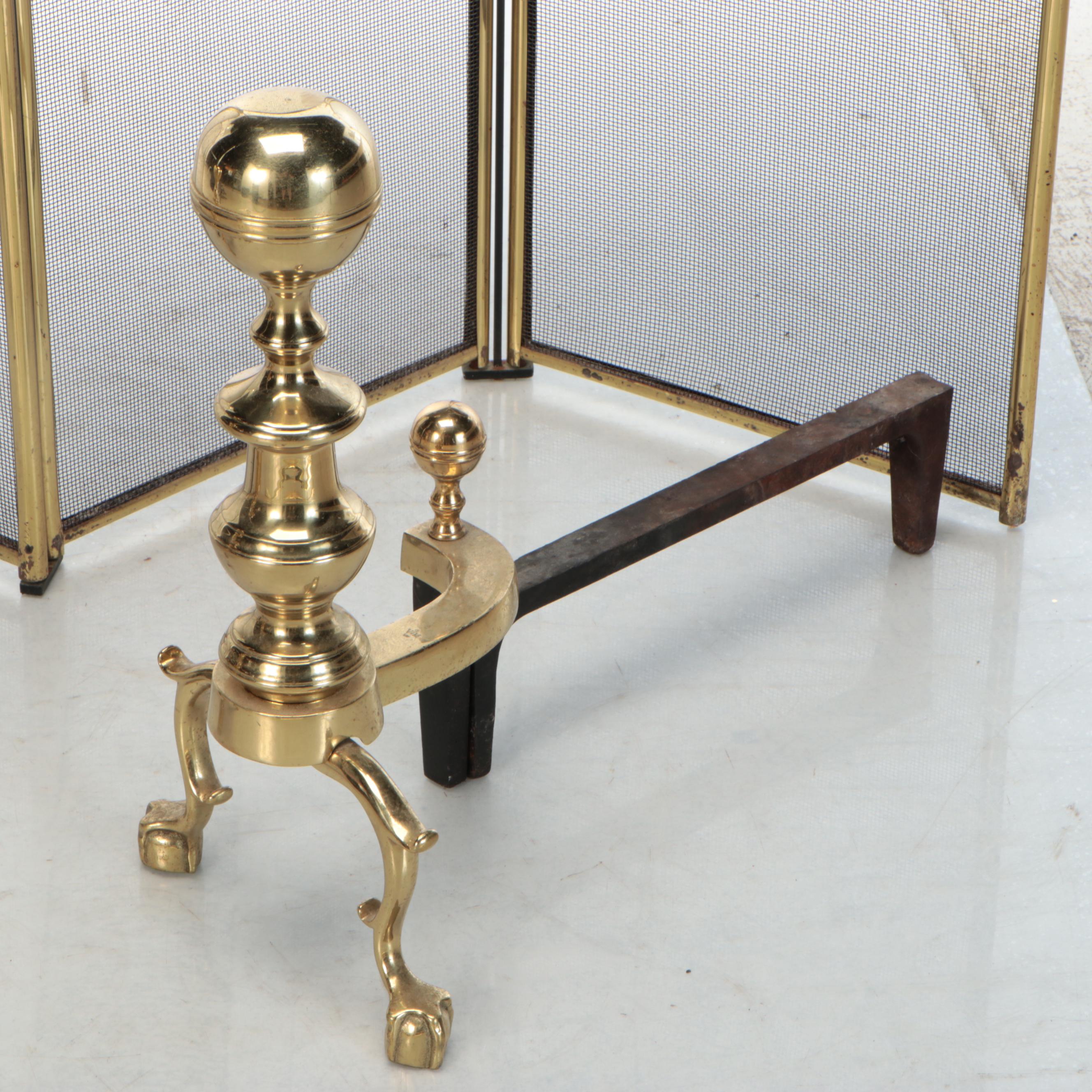 Brass Fireplace Fender, Folding Screen and Andirons