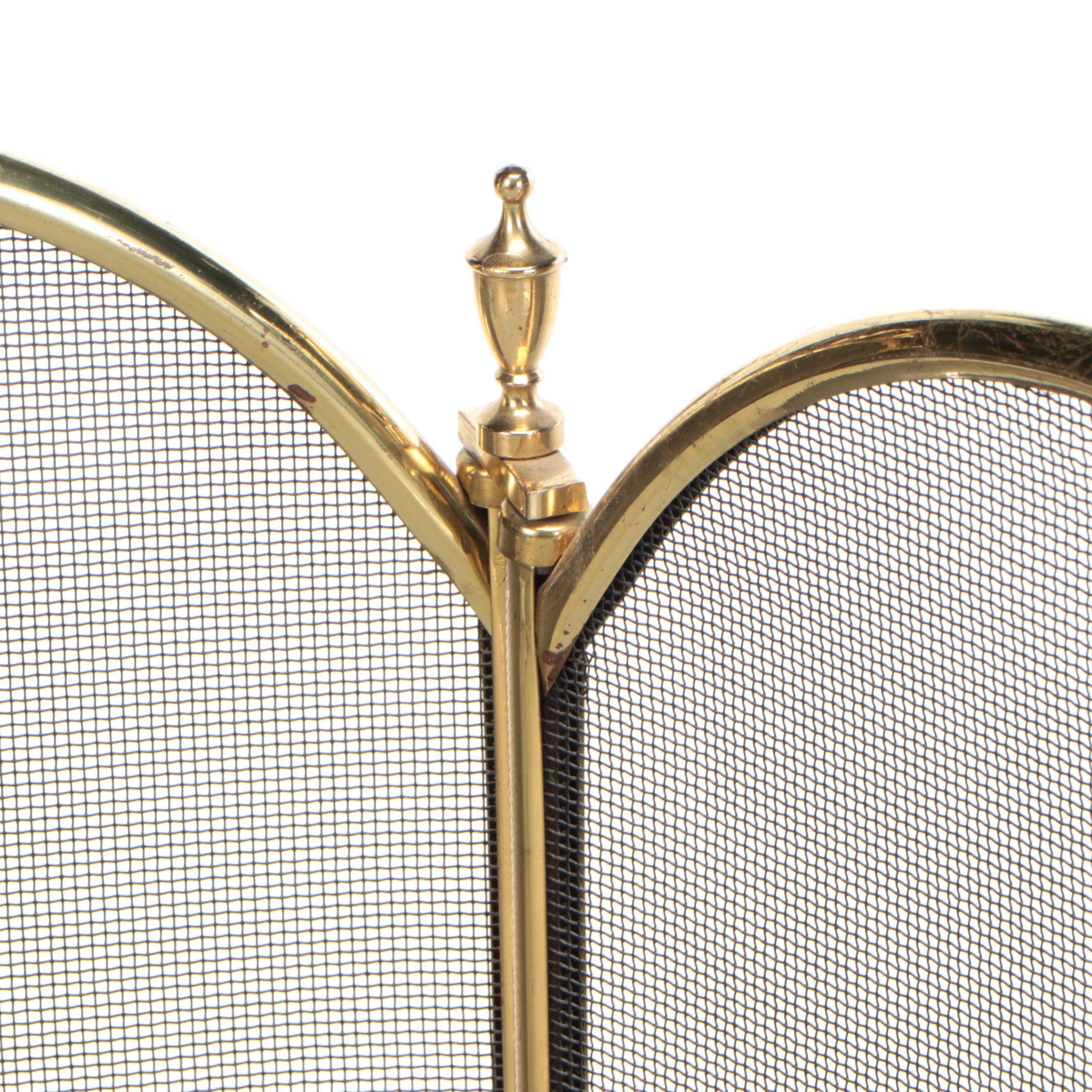 Brass Fireplace Fender, Folding Screen and Andirons
