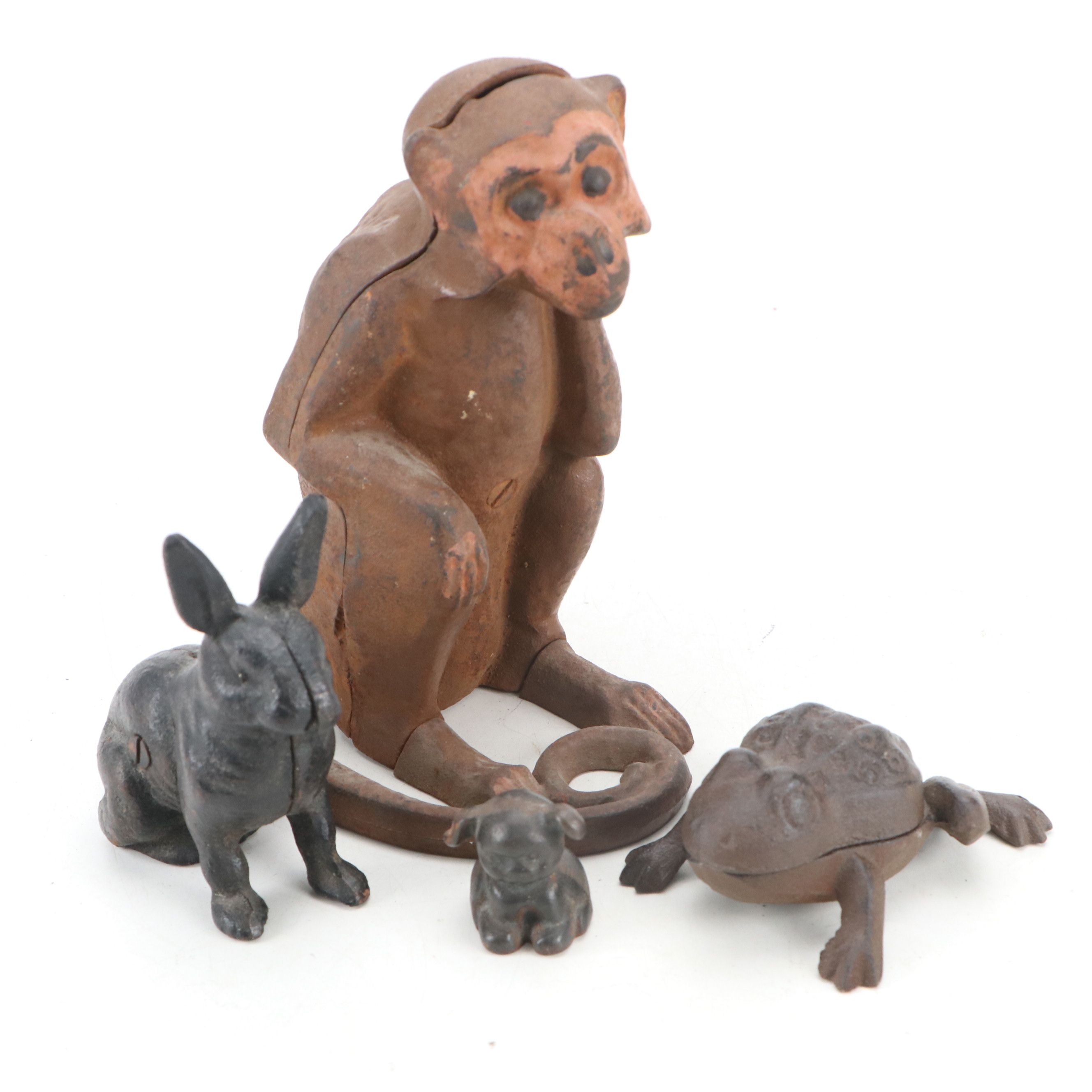 Painted Cast Iron Monkey and Rabbit Banks, Frog Box and Dog Figurine
