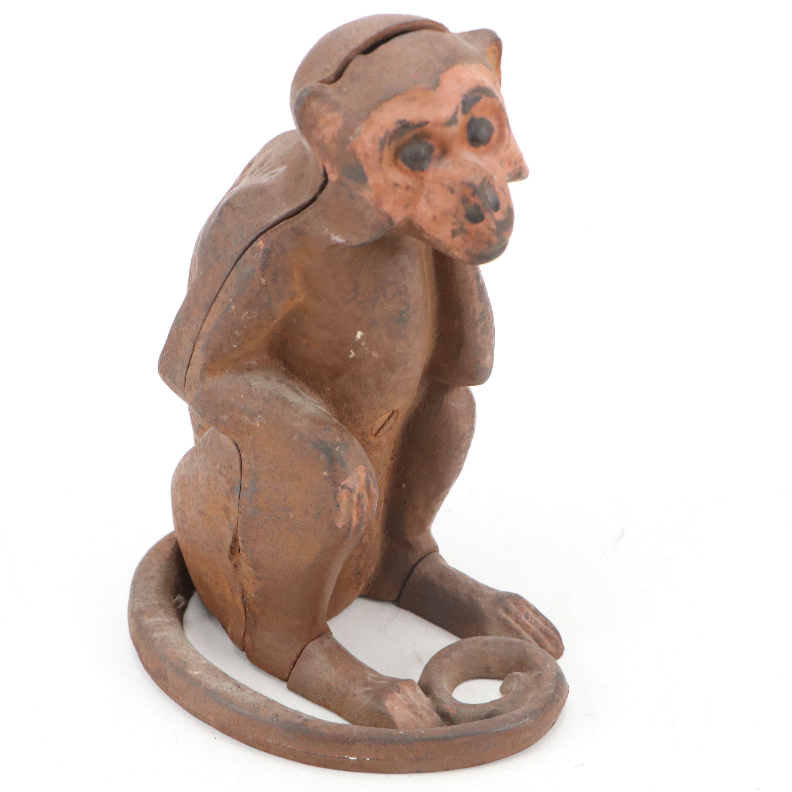 Painted Cast Iron Monkey and Rabbit Banks, Frog Box and Dog Figurine