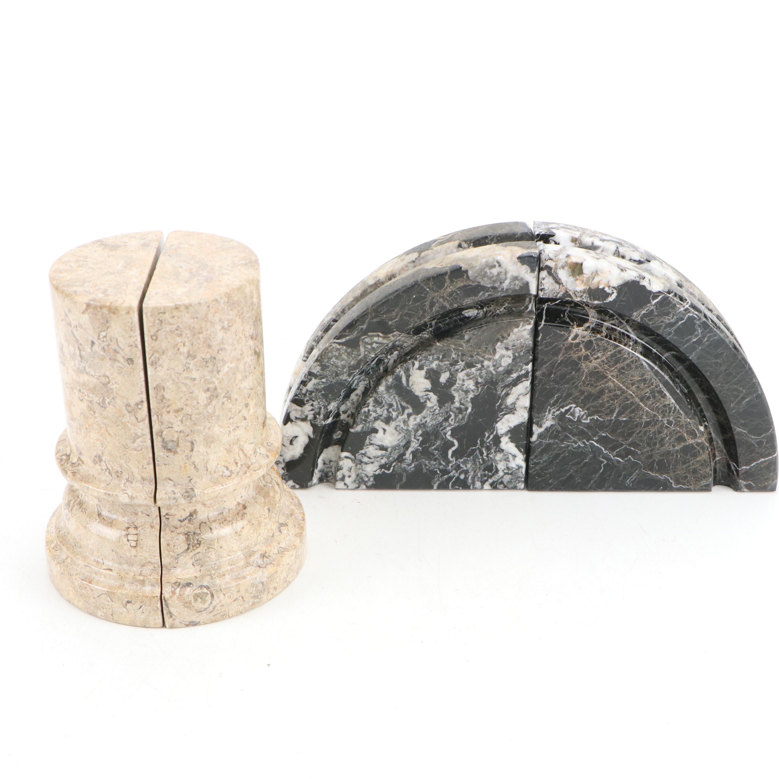 Carved and Polished Marble and Travertine Bookends