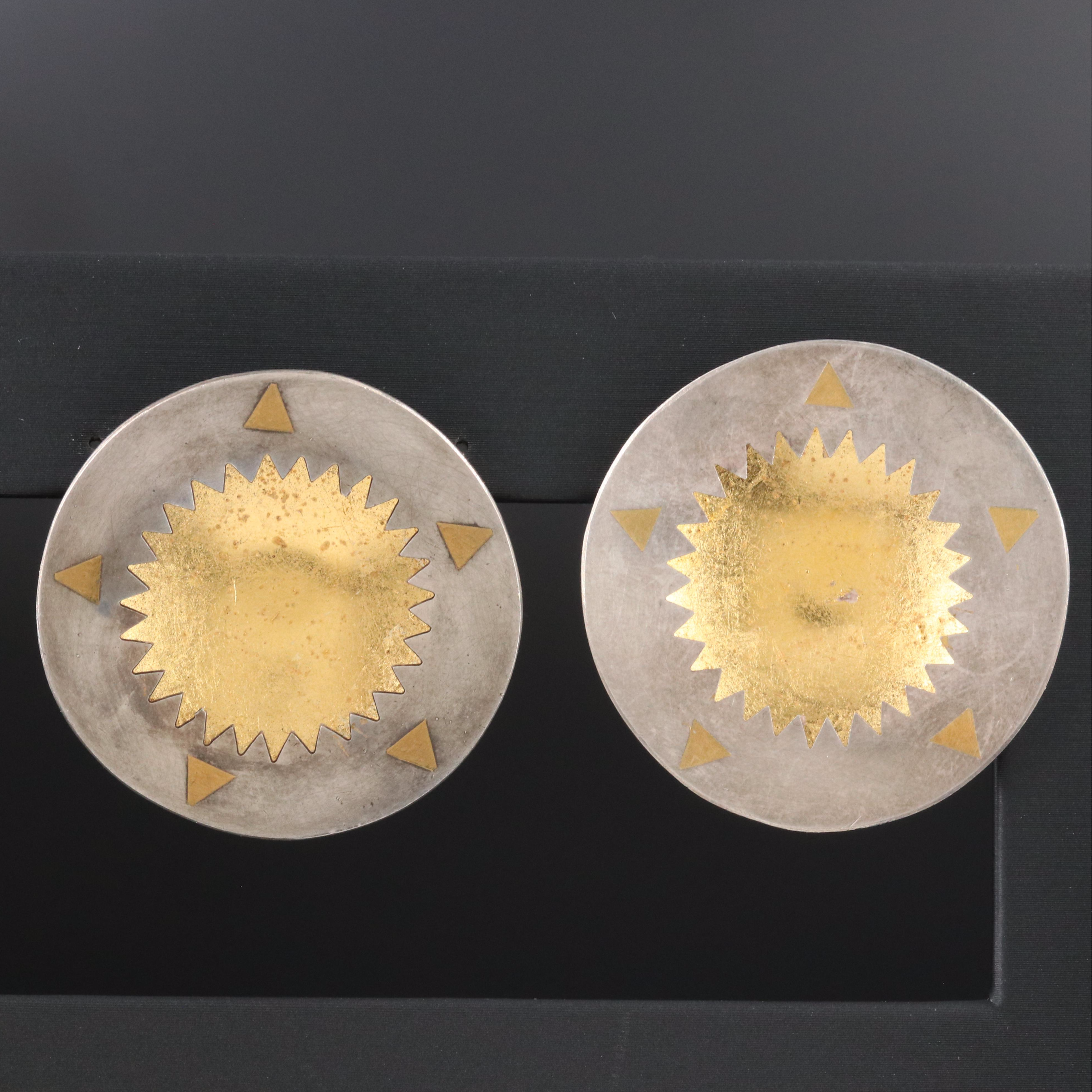 Artisan Signed Sterling Sun Concave Disc Earrings with 24K Accents