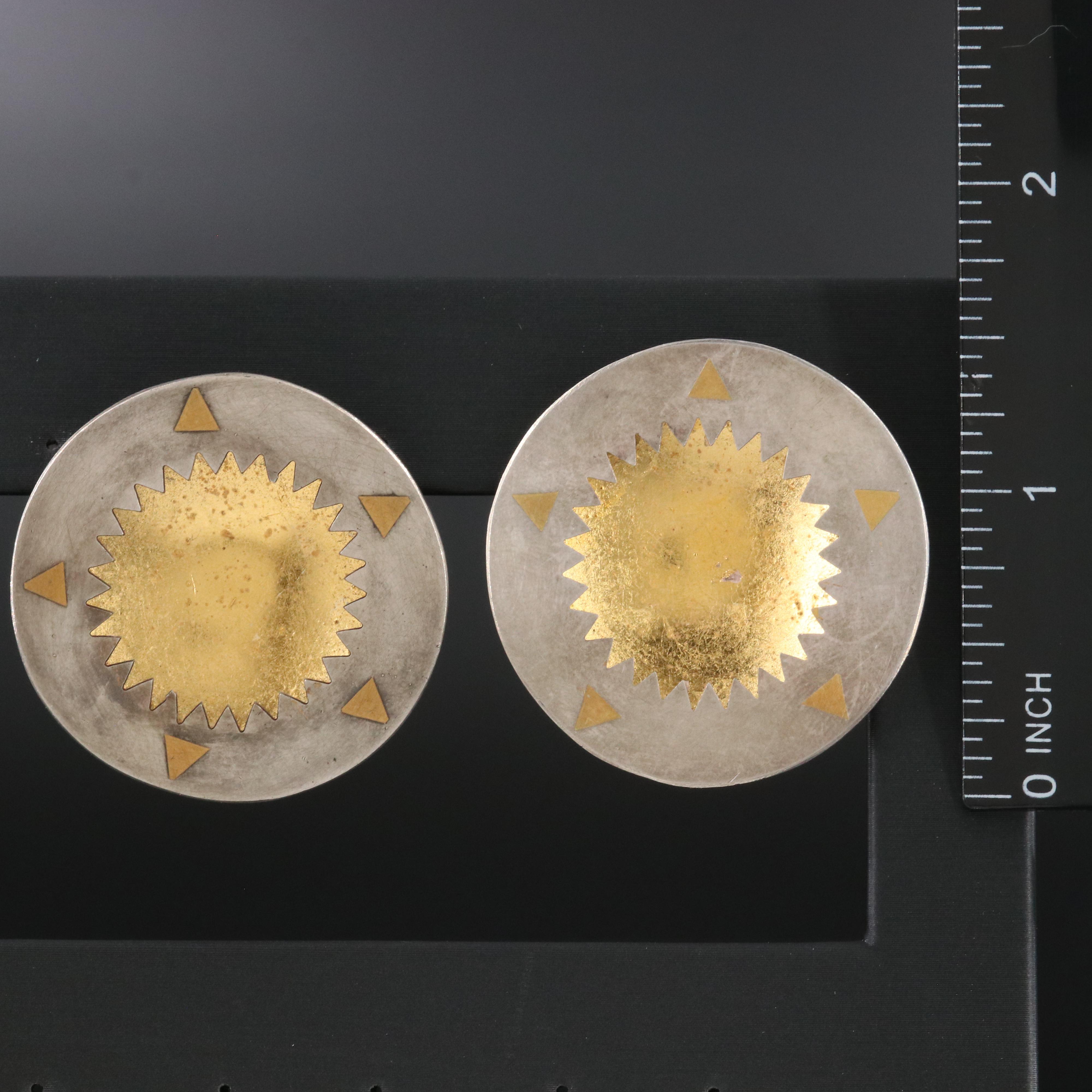 Artisan Signed Sterling Sun Concave Disc Earrings with 24K Accents