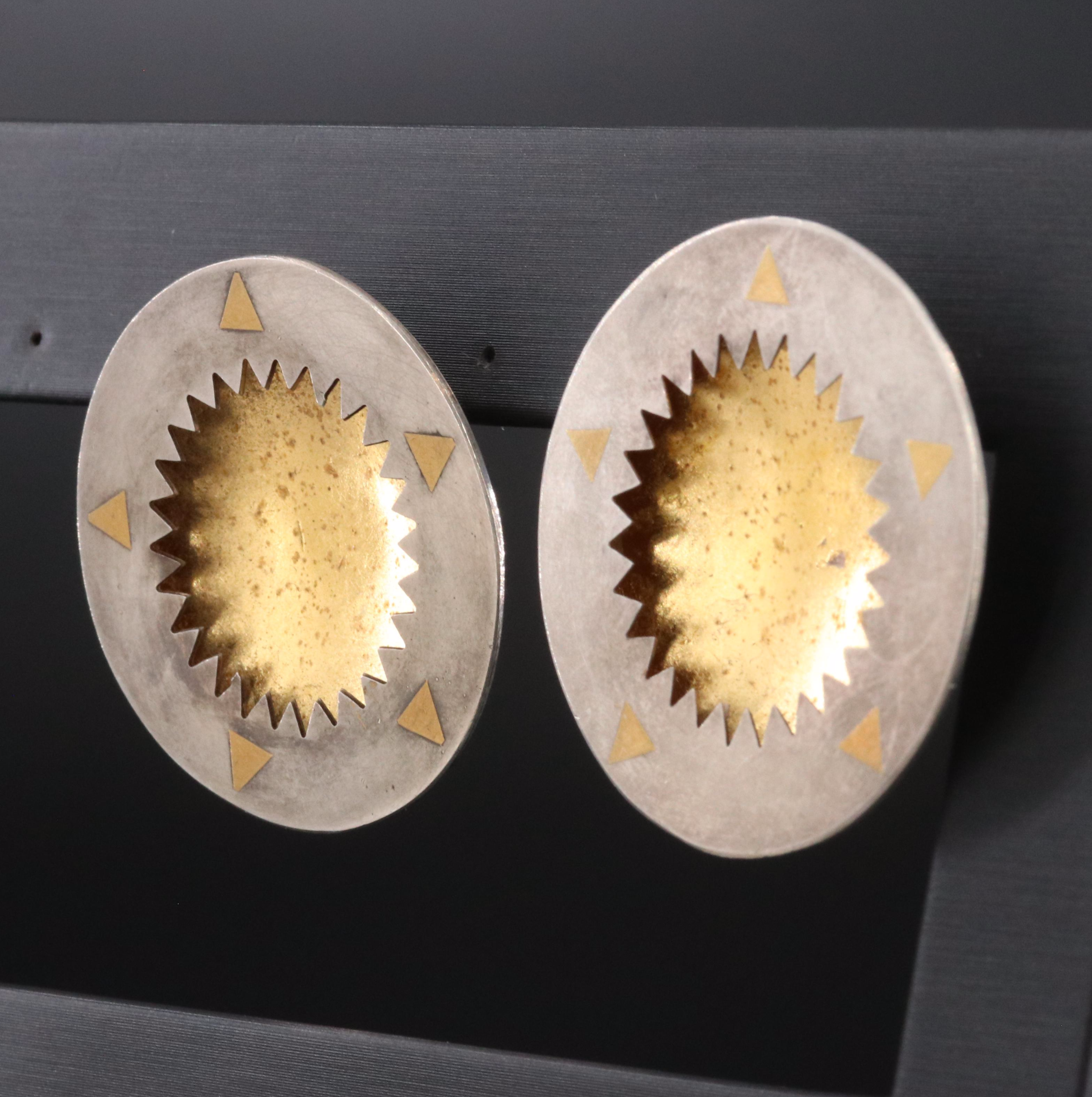 Artisan Signed Sterling Sun Concave Disc Earrings with 24K Accents