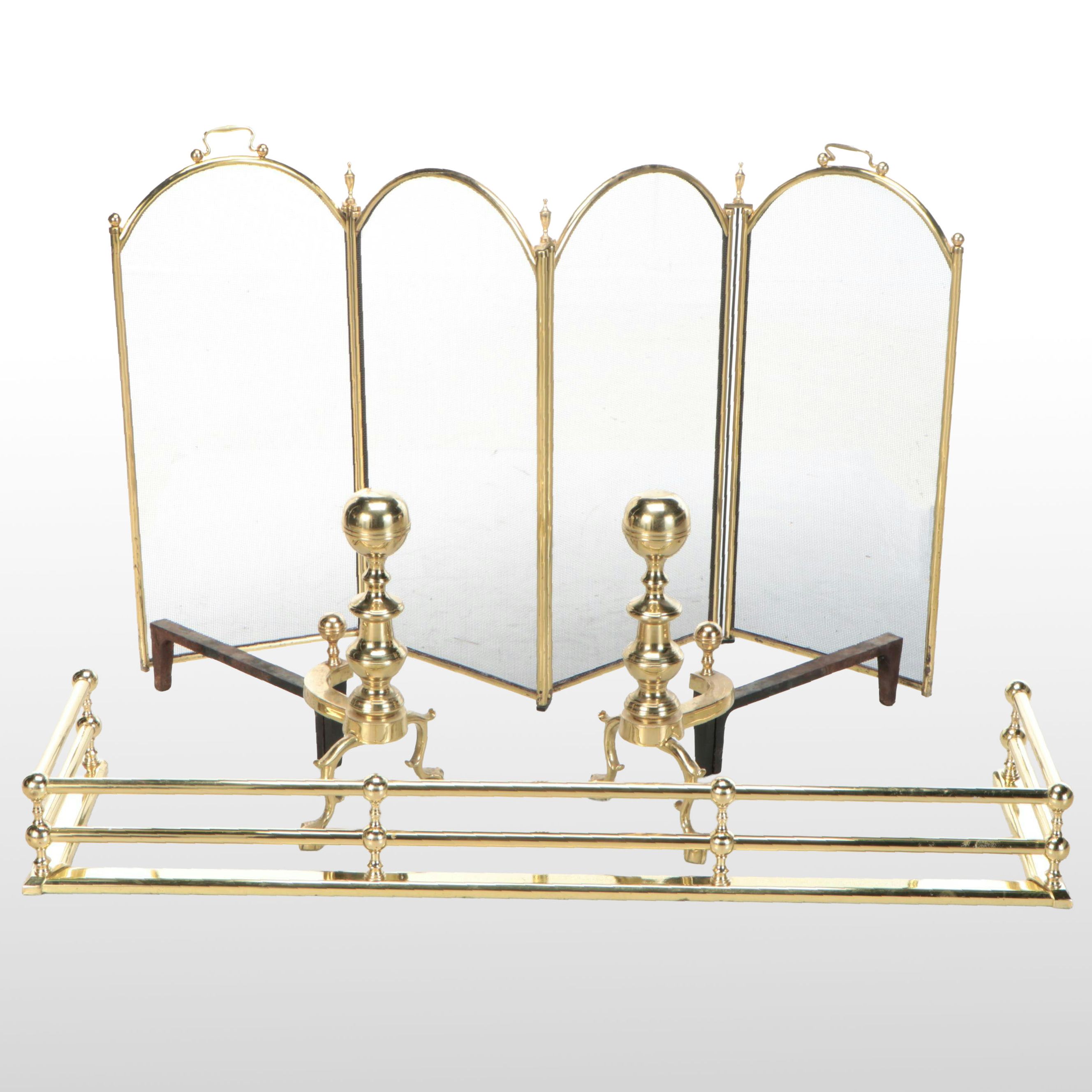 Brass Fireplace Fender, Folding Screen and Andirons