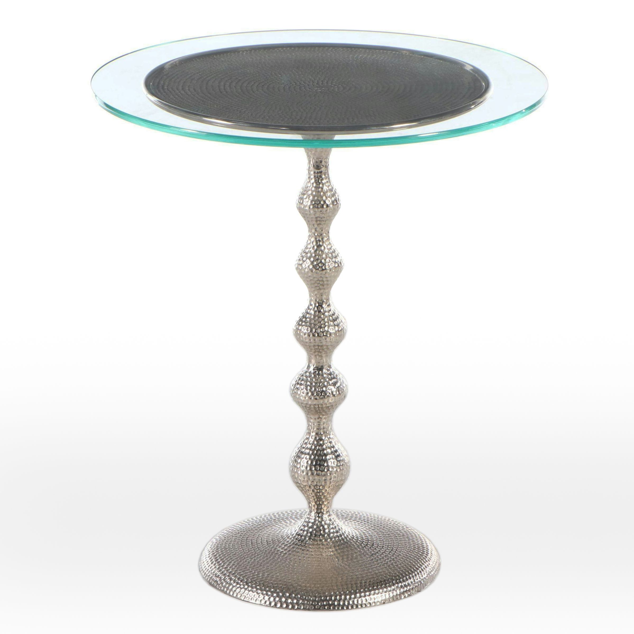 Contemporary Silver Tone Hammered Metal End Table with Glass Top
