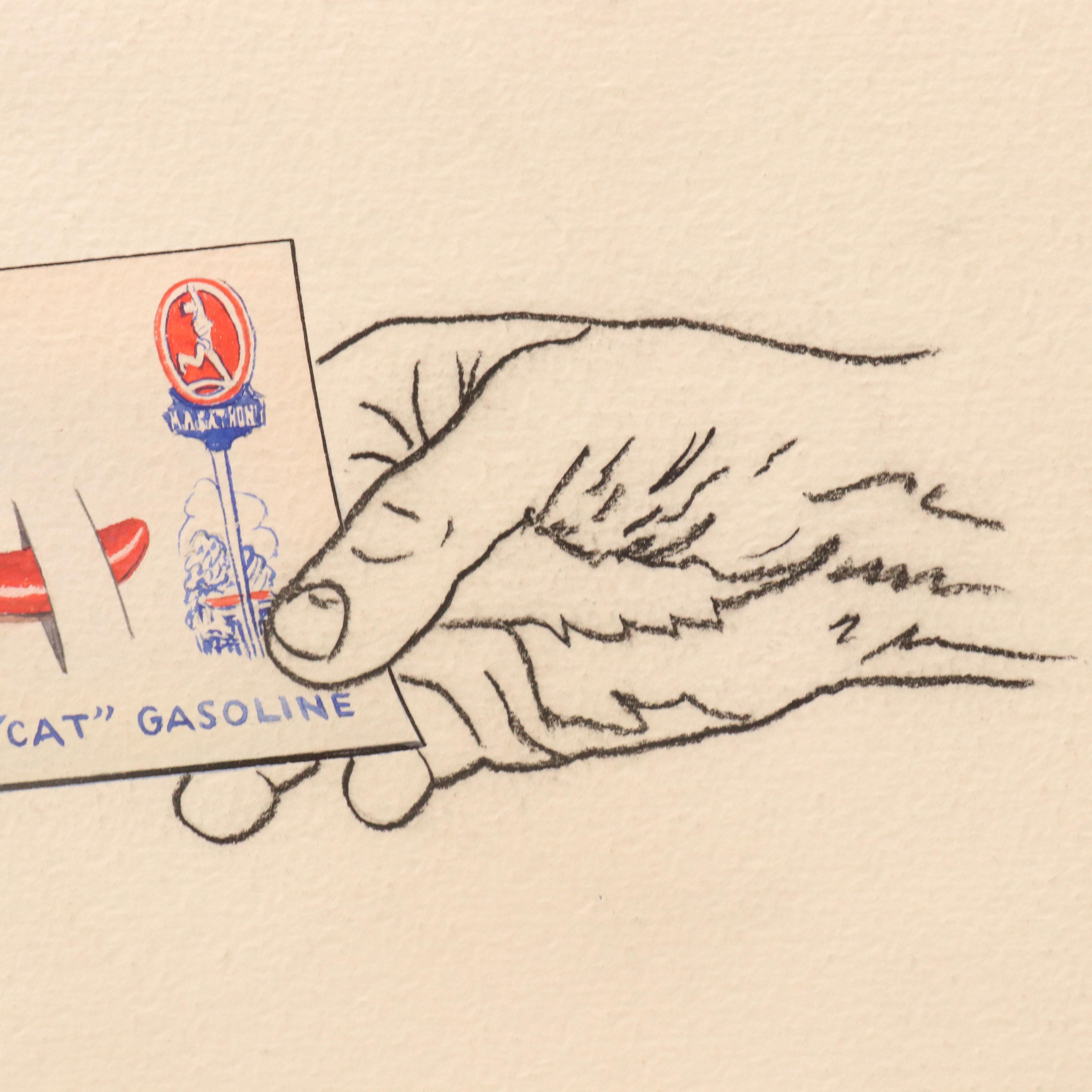 Mixed Media Drawing of Advertisement for Marathon "CAT" Gasoline