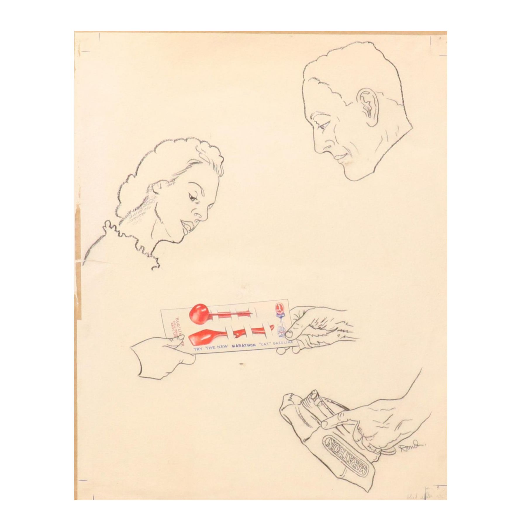 Mixed Media Drawing of Advertisement for Marathon "CAT" Gasoline