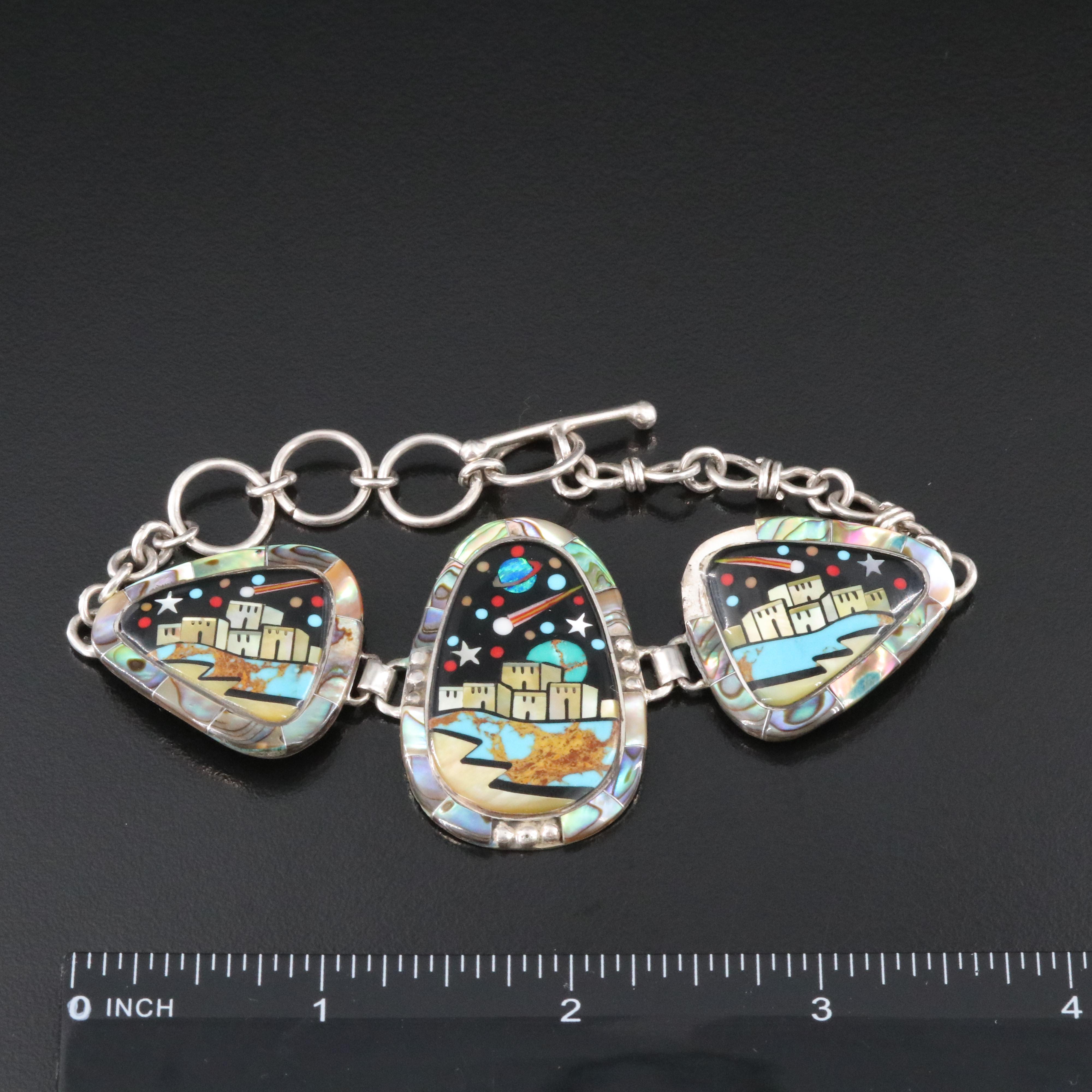 Sterling Abalone, Opal and Mother-of-Pearl Panel Bracelet