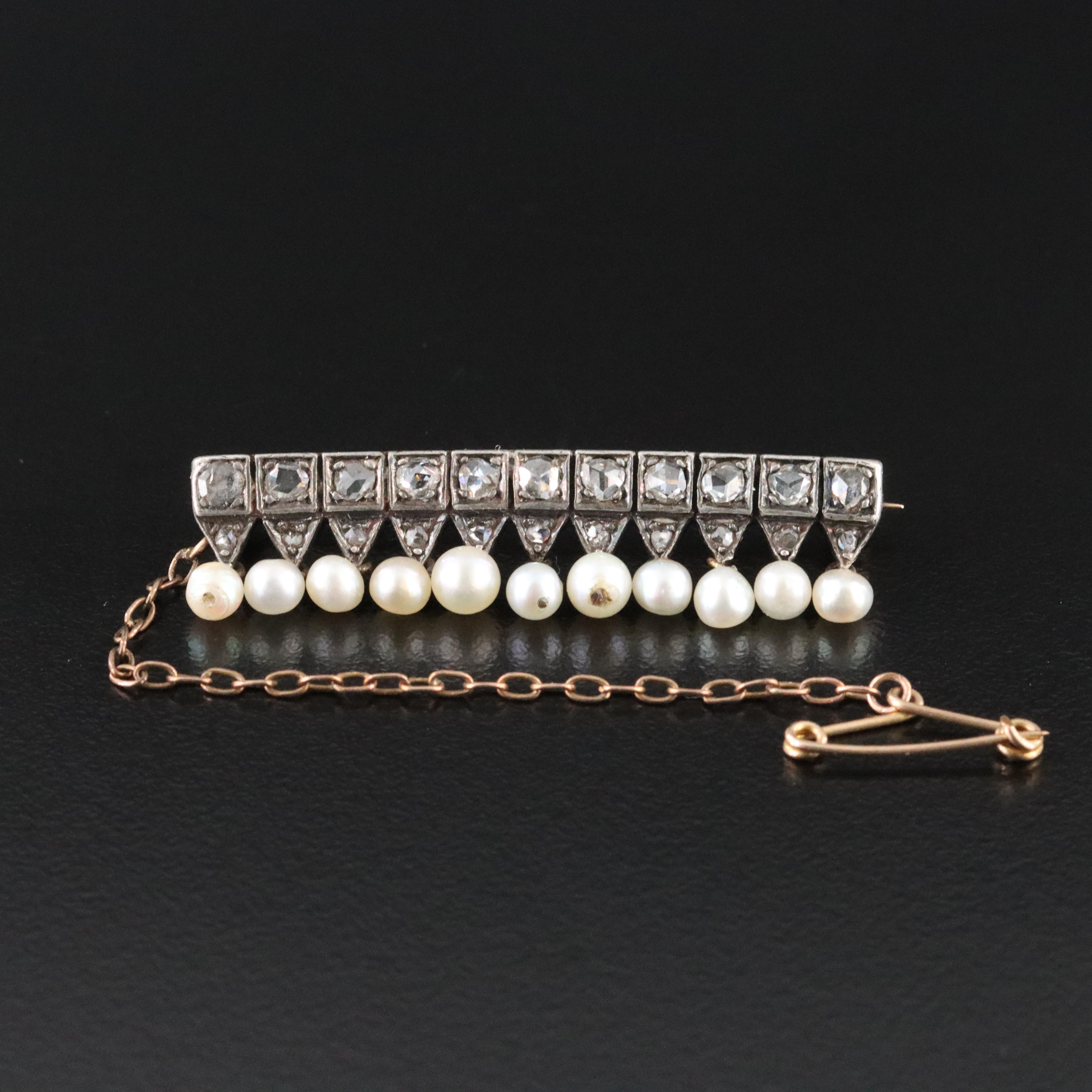 Antique 18K Pearl and Diamond Bar Pin with Sterling Top