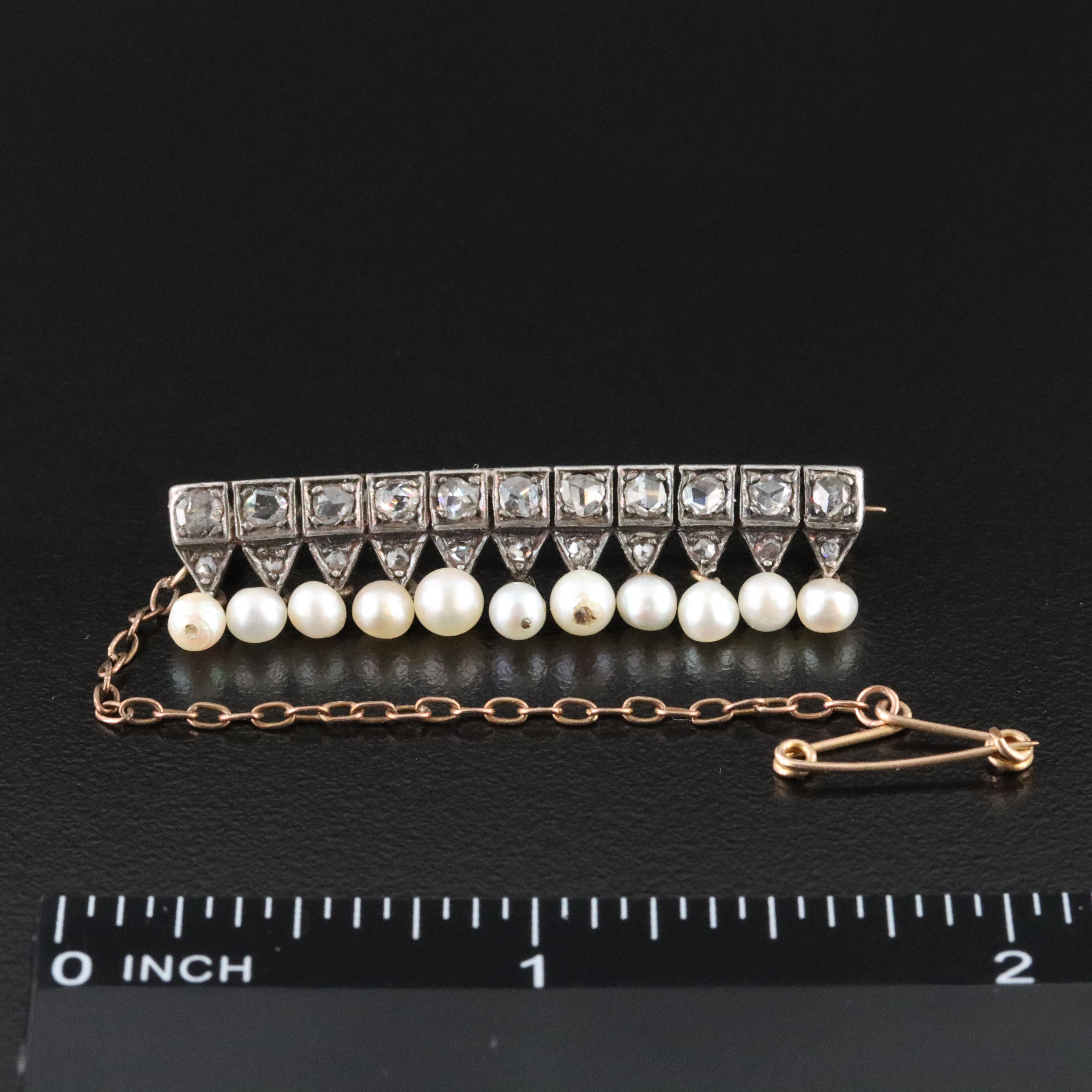 Antique 18K Pearl and Diamond Bar Pin with Sterling Top