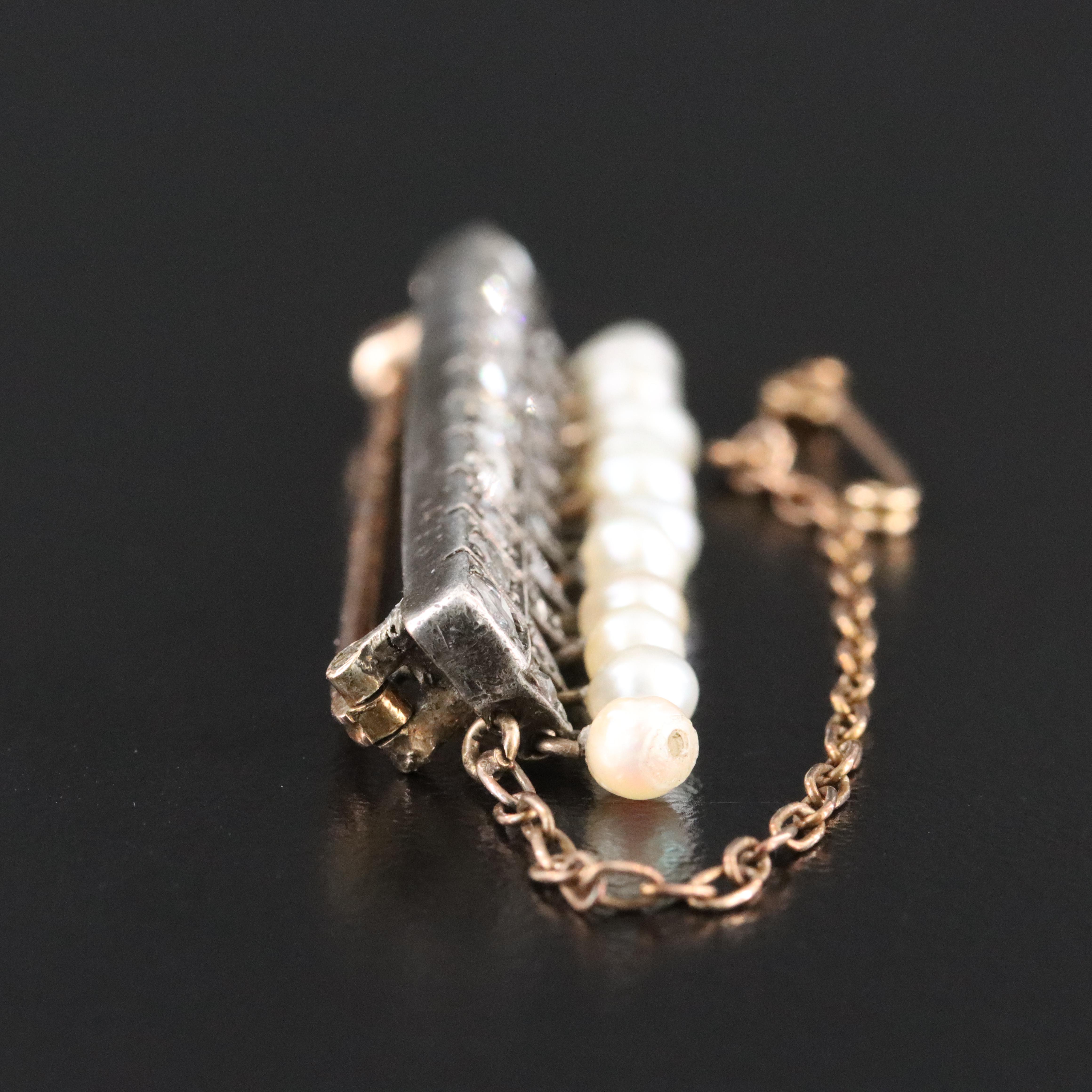 Antique 18K Pearl and Diamond Bar Pin with Sterling Top