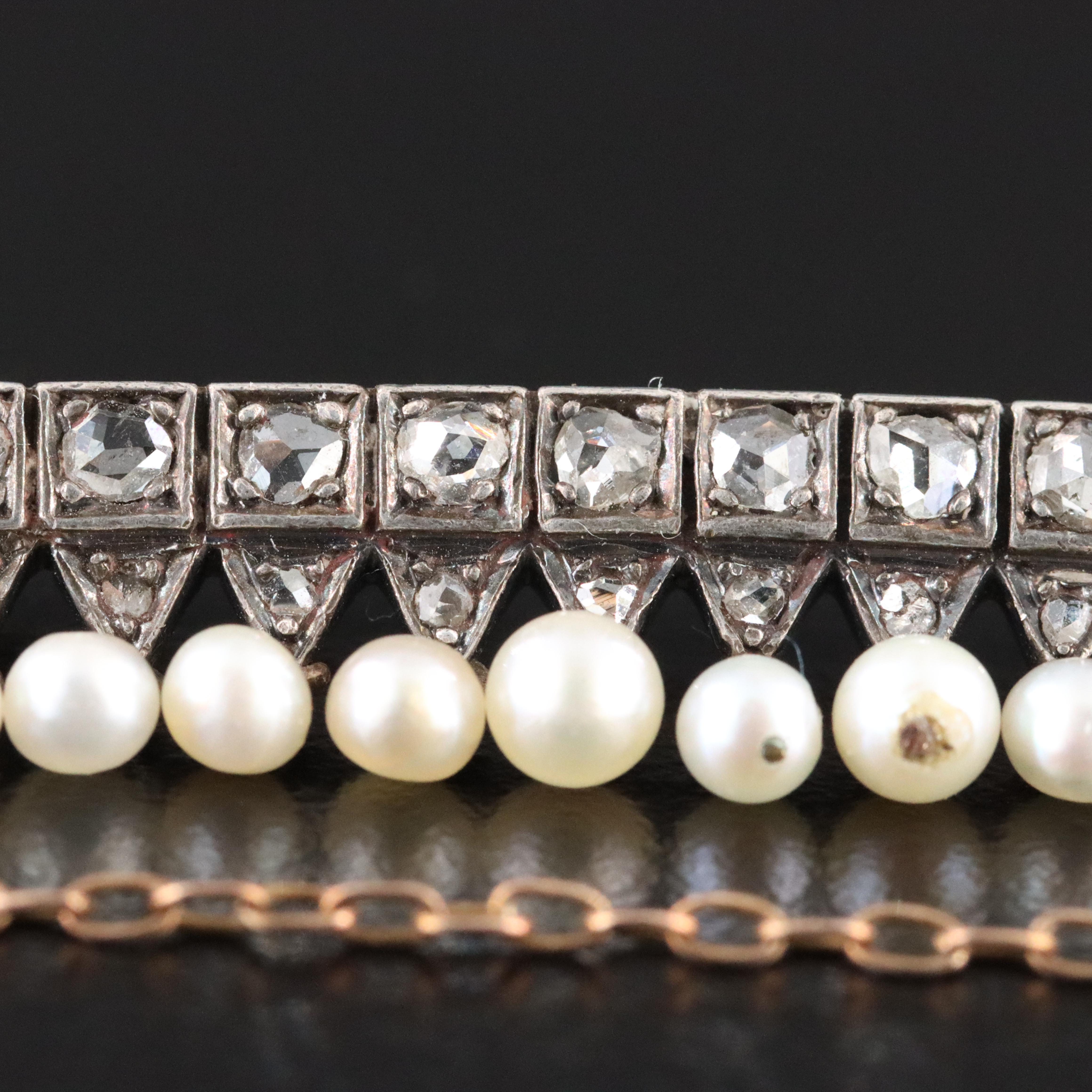 Antique 18K Pearl and Diamond Bar Pin with Sterling Top