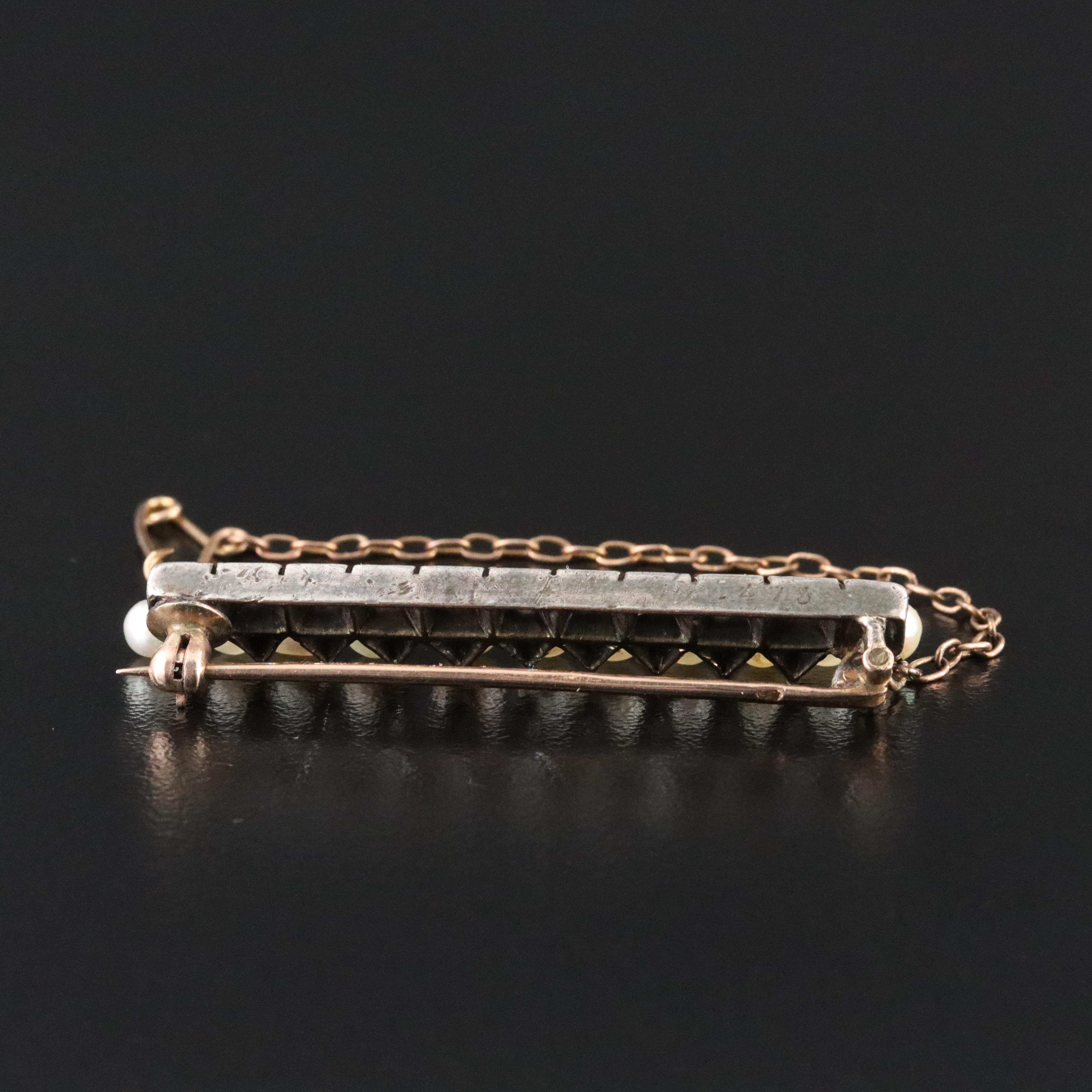 Antique 18K Pearl and Diamond Bar Pin with Sterling Top
