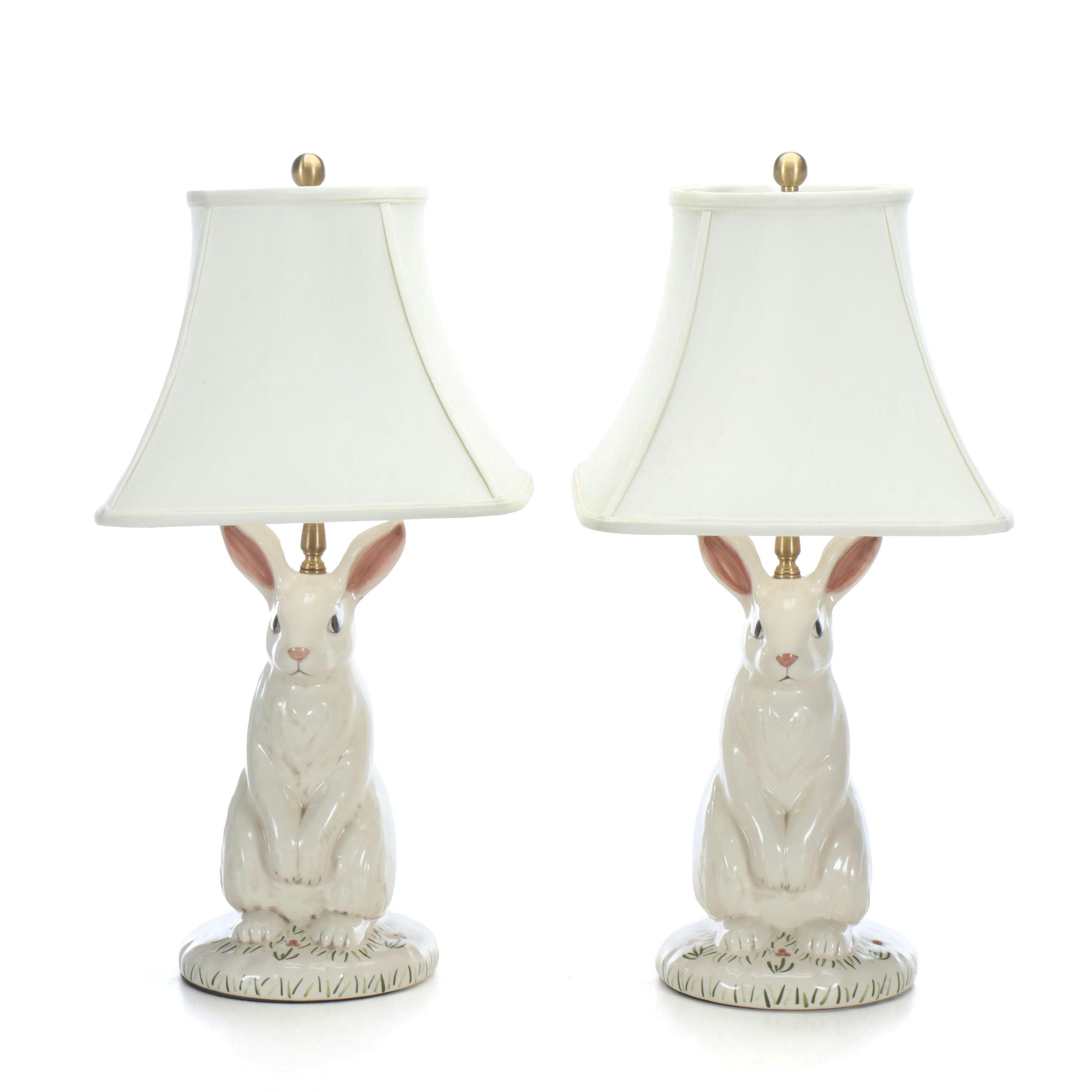 Wildwood Ceramic Rabbit Table Lamp Pair with Silk Shades