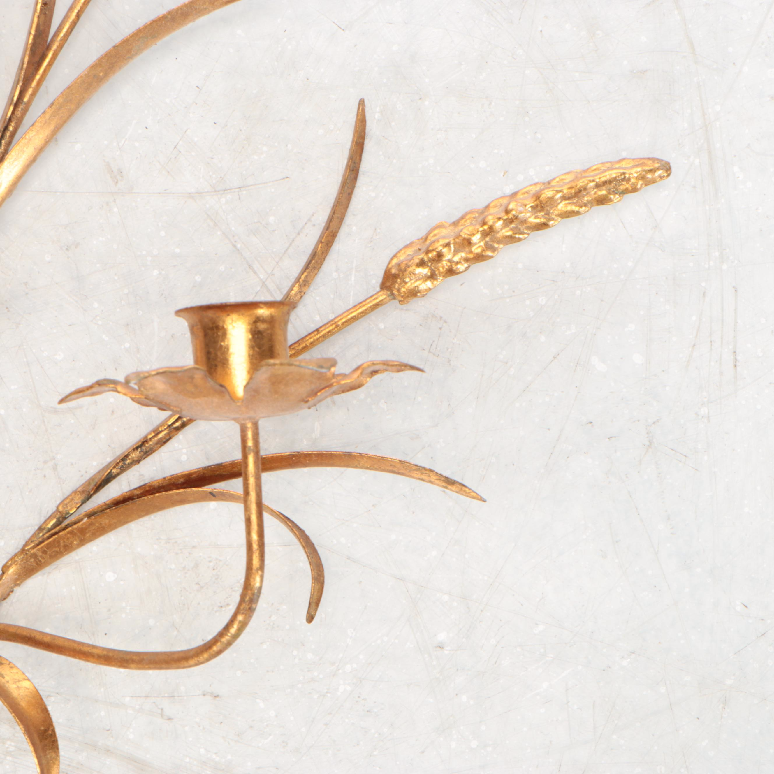 Hollywood Regency Style Gilt Metal Wheat Sheaf Double Arm Wall Candle Sconce