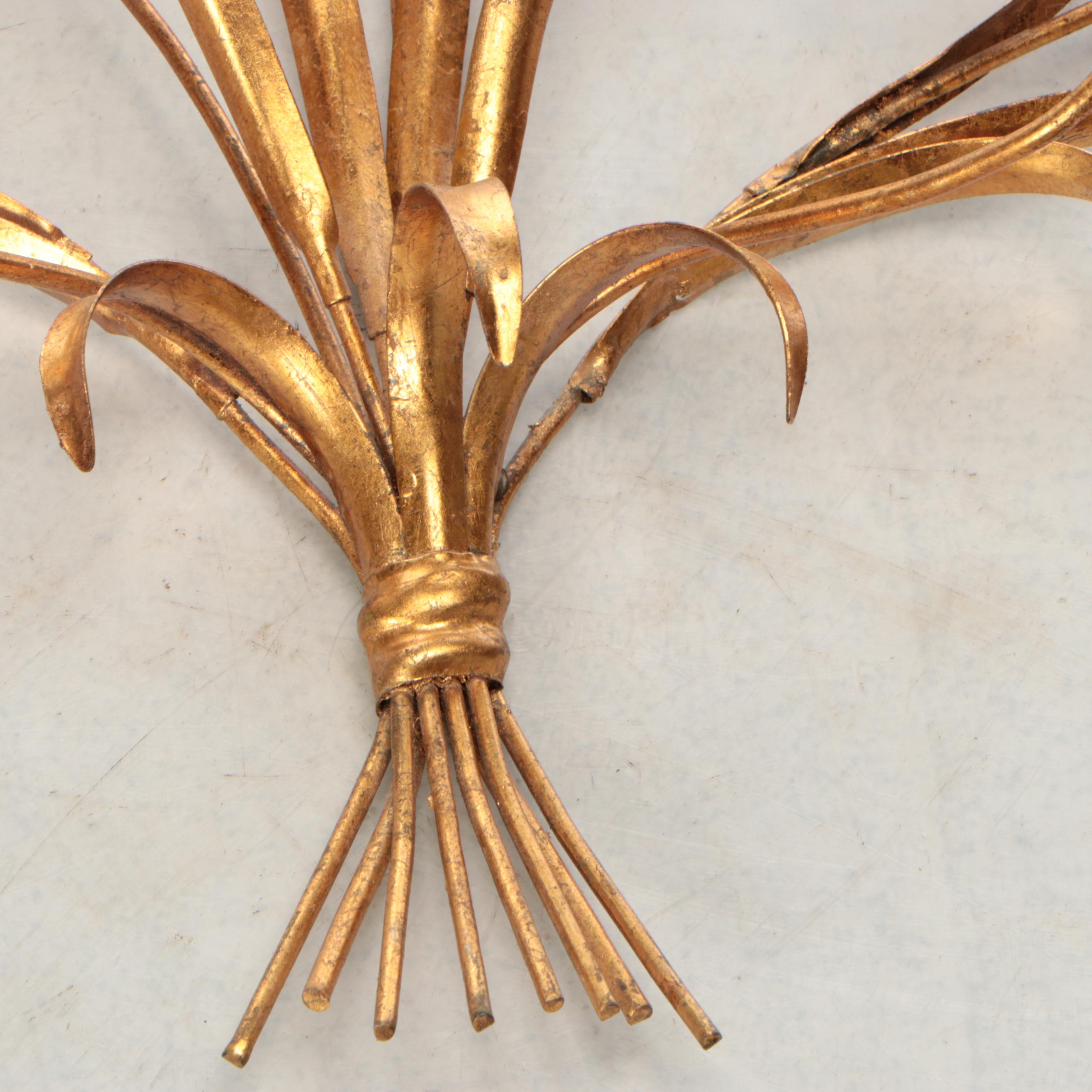 Hollywood Regency Style Gilt Metal Wheat Sheaf Double Arm Wall Candle Sconce