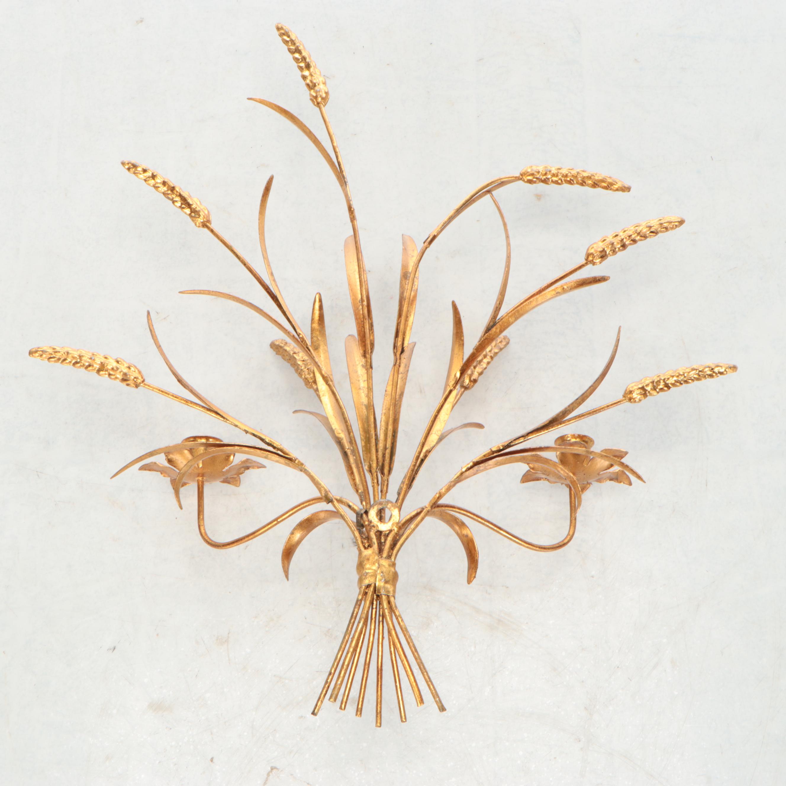 Hollywood Regency Style Gilt Metal Wheat Sheaf Double Arm Wall Candle Sconce