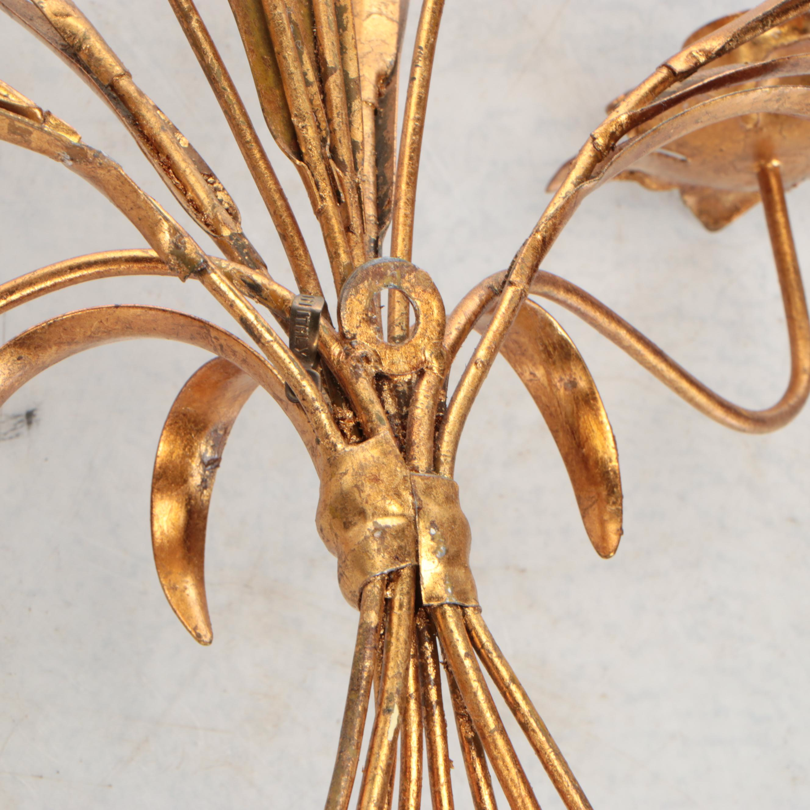 Hollywood Regency Style Gilt Metal Wheat Sheaf Double Arm Wall Candle Sconce