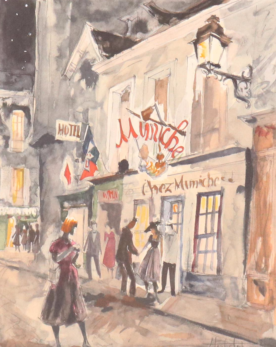 Franz Herbelot Hand-Colored Lithograph "Paris la Nuit - Mimiche," Mid-20th C.