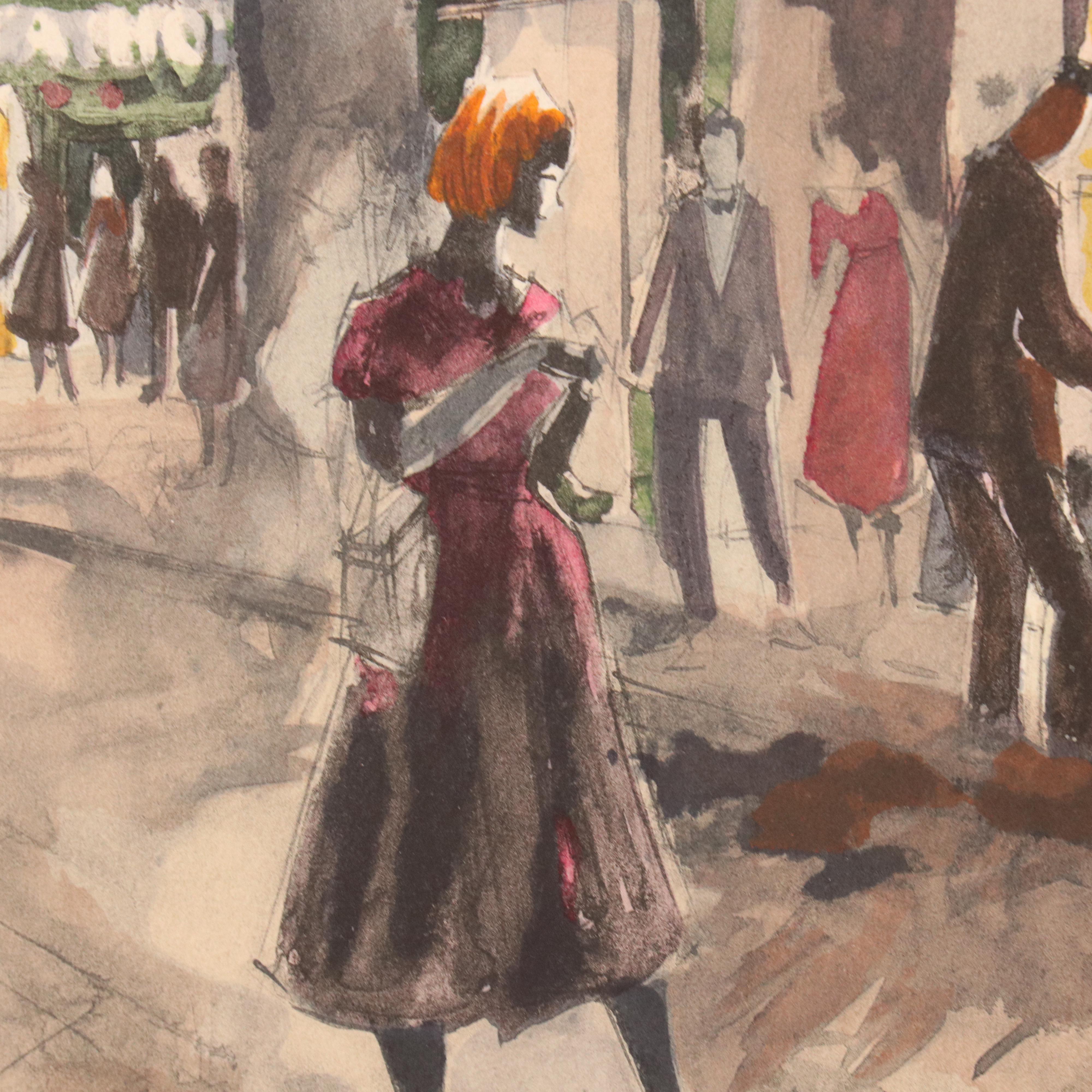 Franz Herbelot Hand-Colored Lithograph "Paris la Nuit - Mimiche," Mid-20th C.