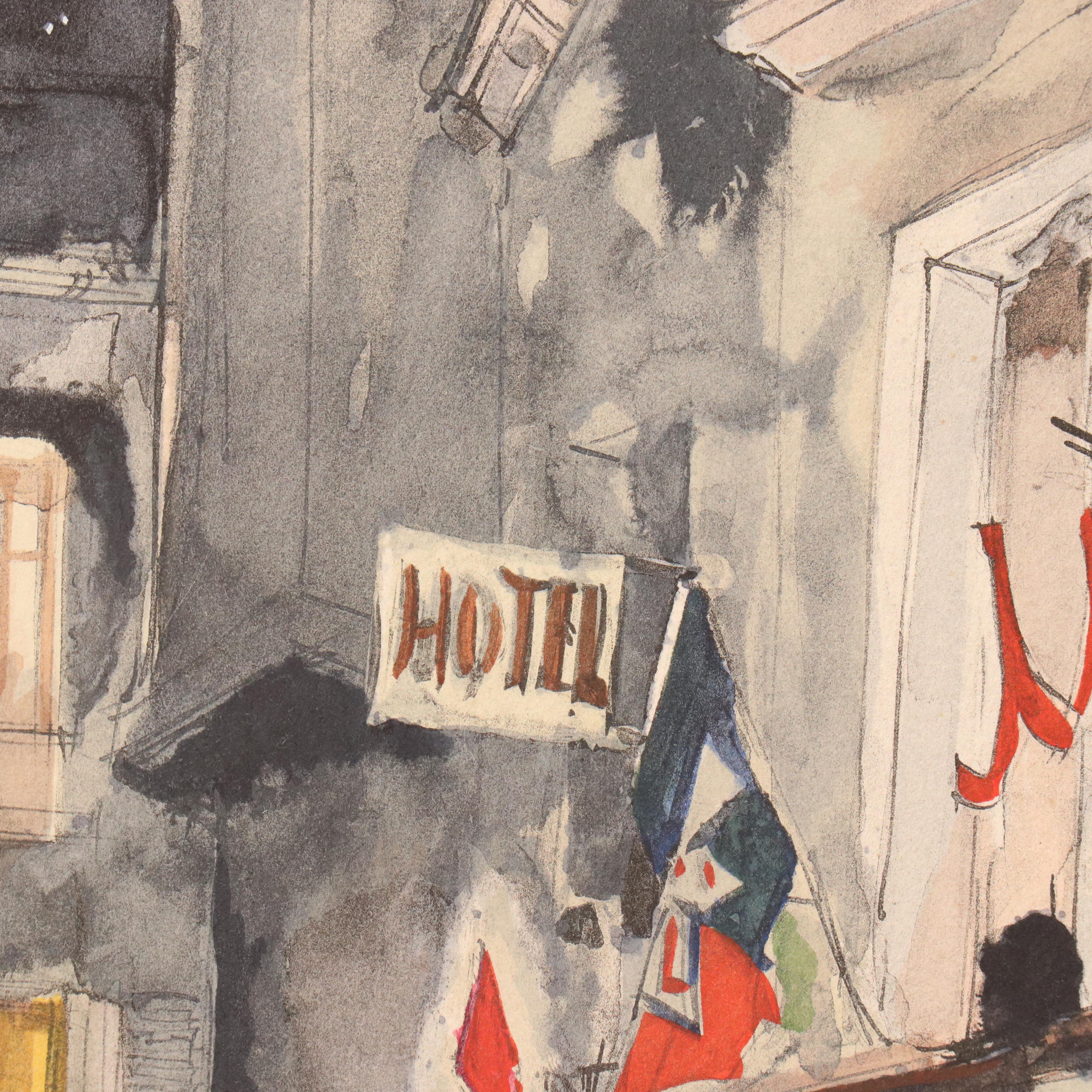 Franz Herbelot Hand-Colored Lithograph "Paris la Nuit - Mimiche," Mid-20th C.