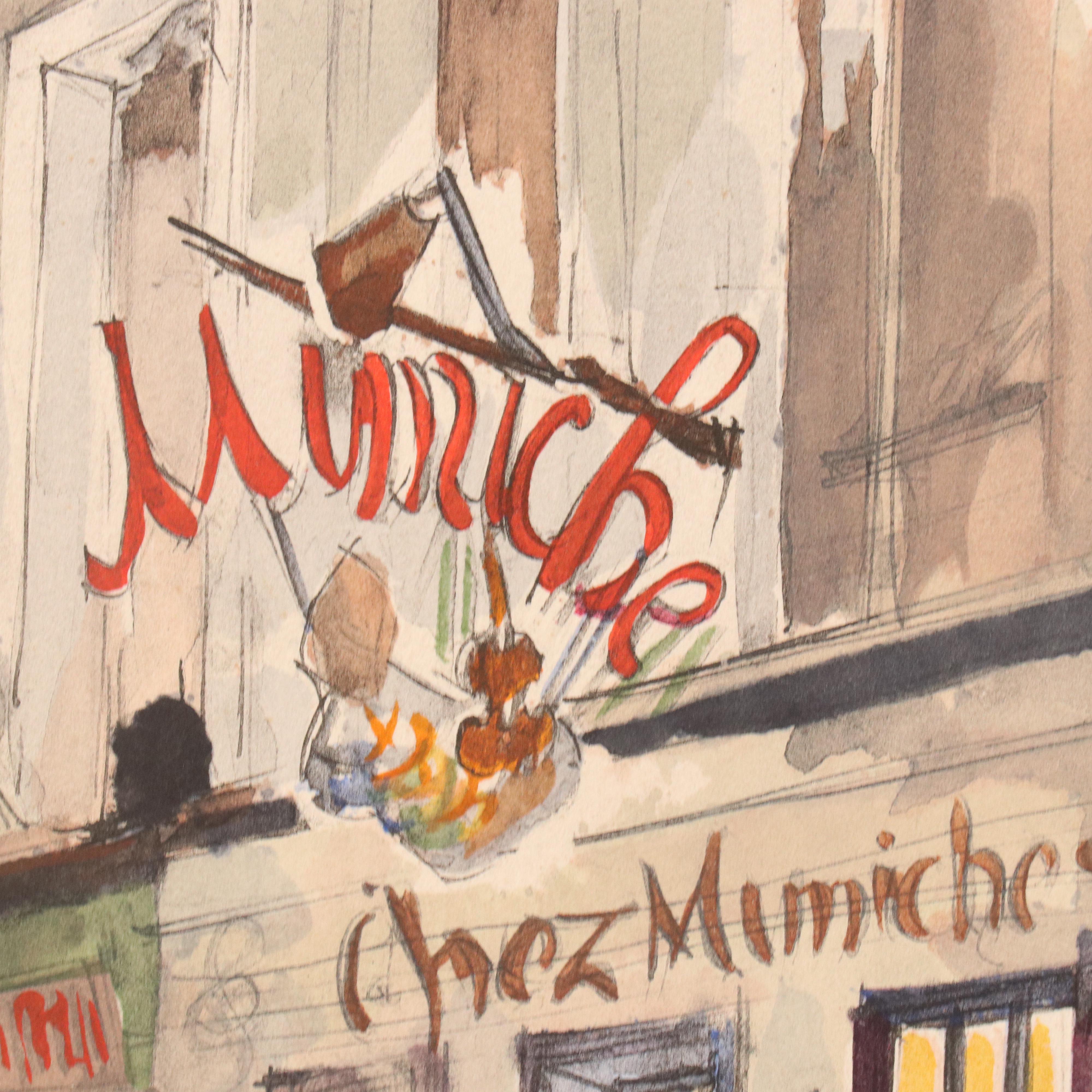 Franz Herbelot Hand-Colored Lithograph "Paris la Nuit - Mimiche," Mid-20th C.