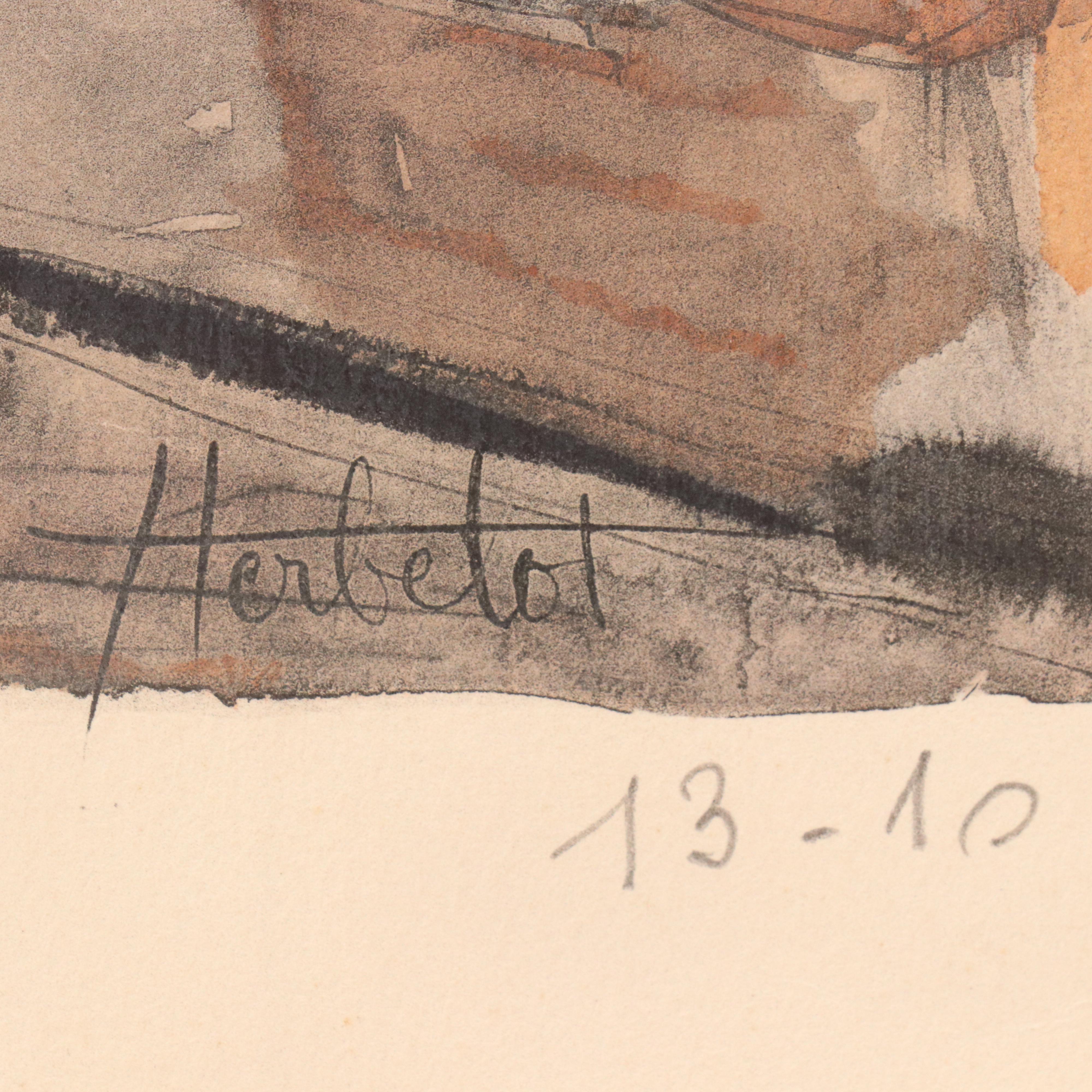 Franz Herbelot Hand-Colored Lithograph "Paris la Nuit - Mimiche," Mid-20th C.