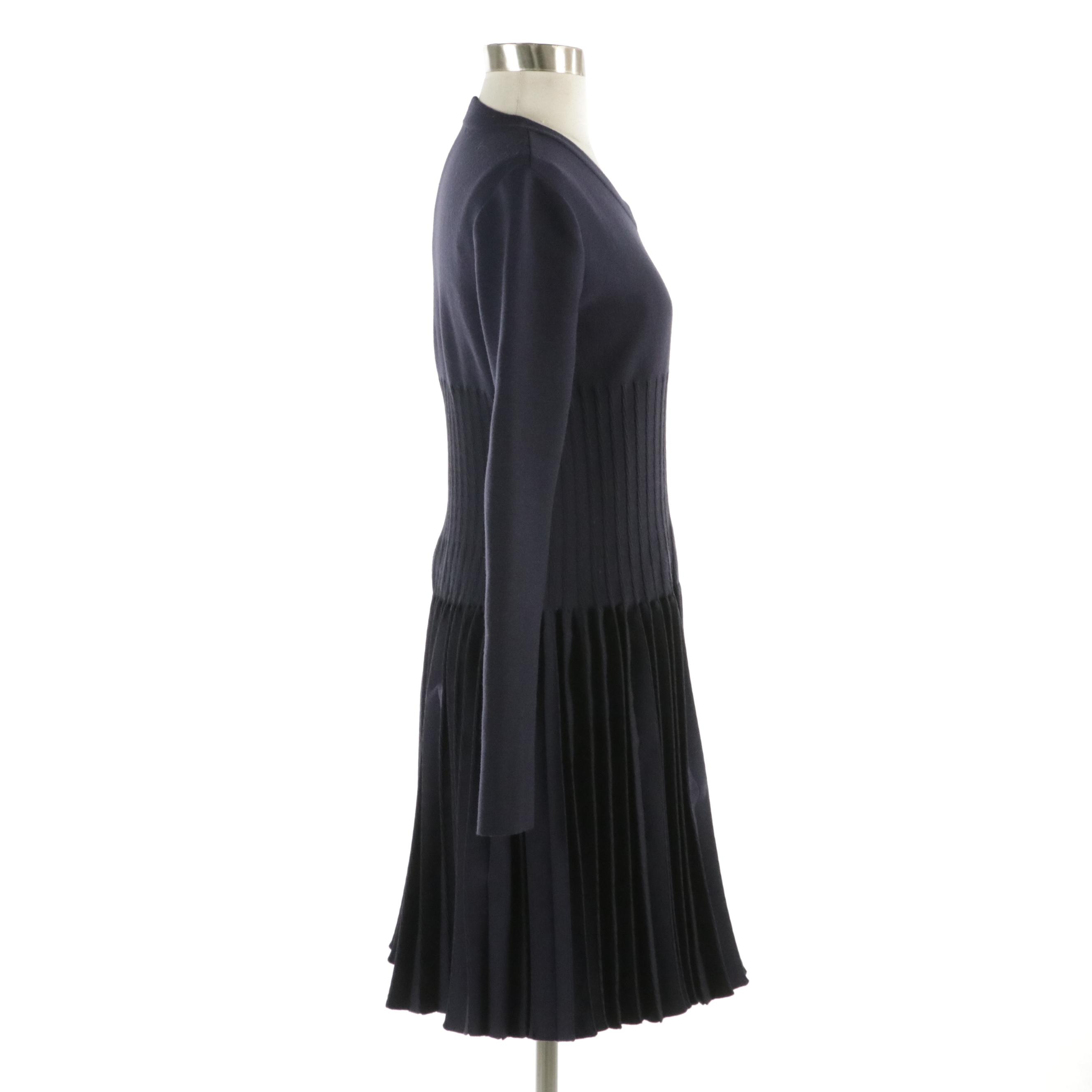 Azzedine Alaïa Navy Blue V-Neck Pleated Dress
