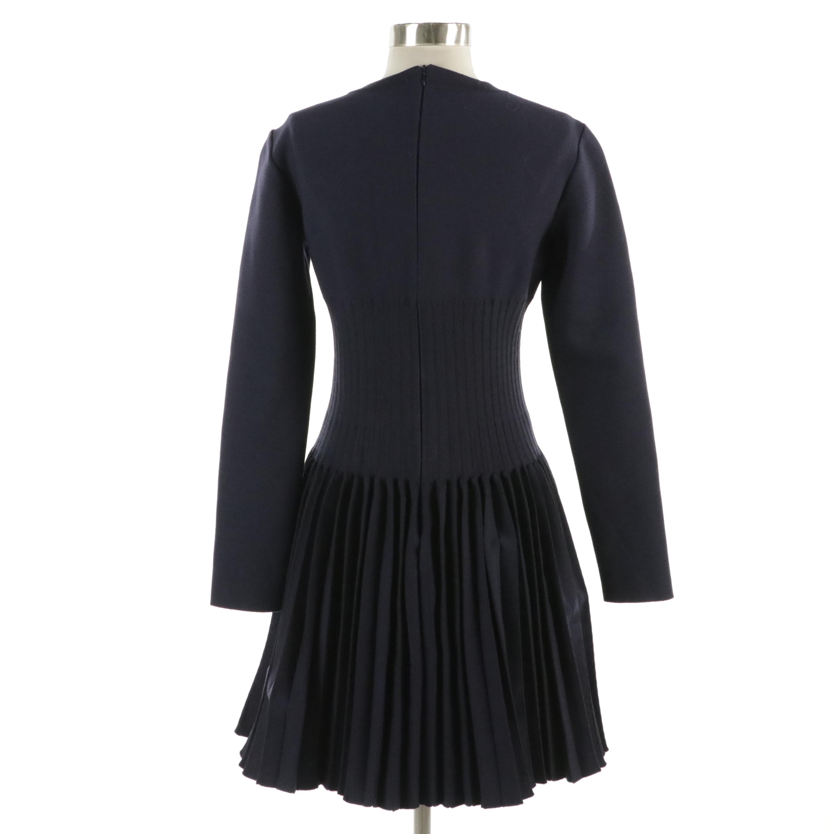 Azzedine Alaïa Navy Blue V-Neck Pleated Dress