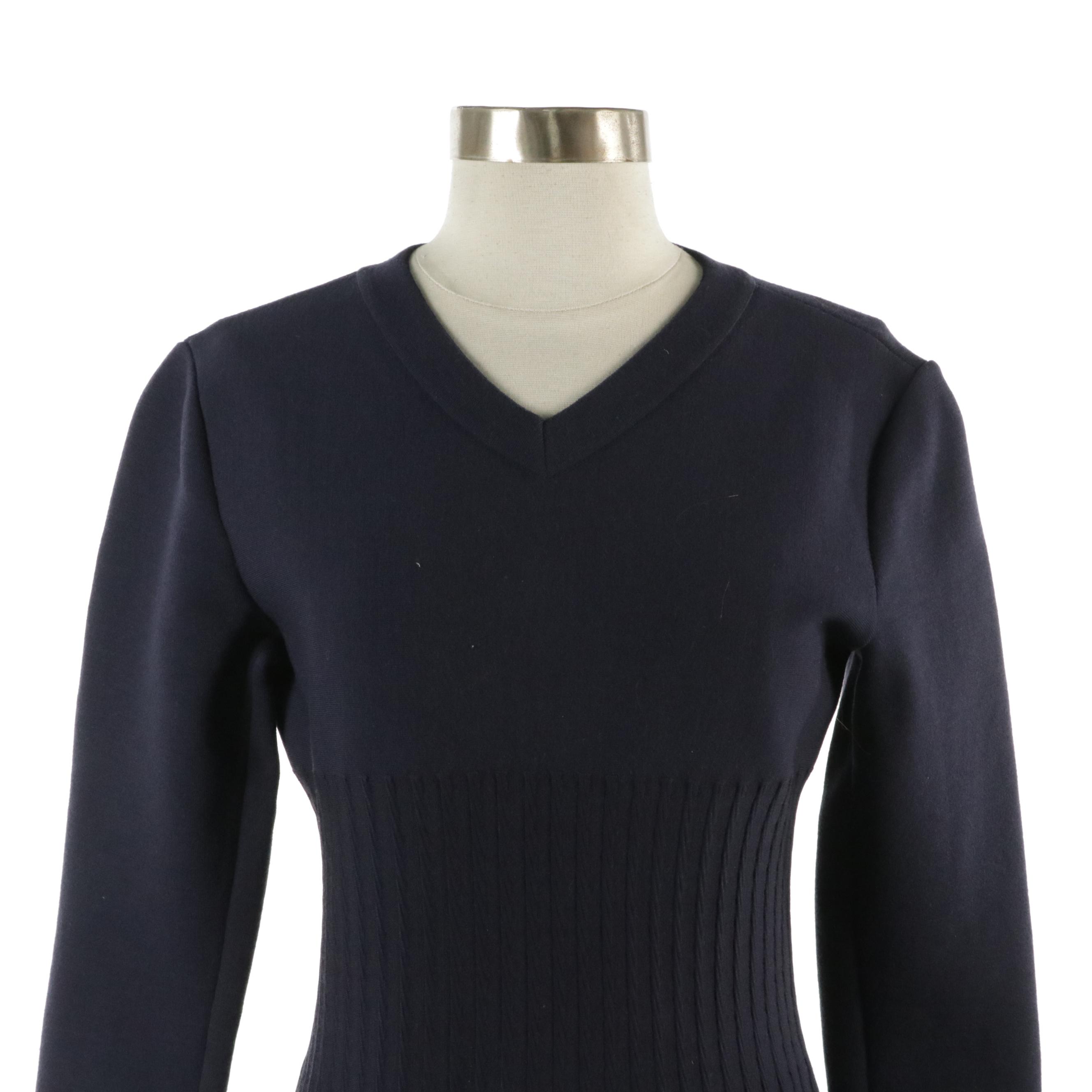 Azzedine Alaïa Navy Blue V-Neck Pleated Dress